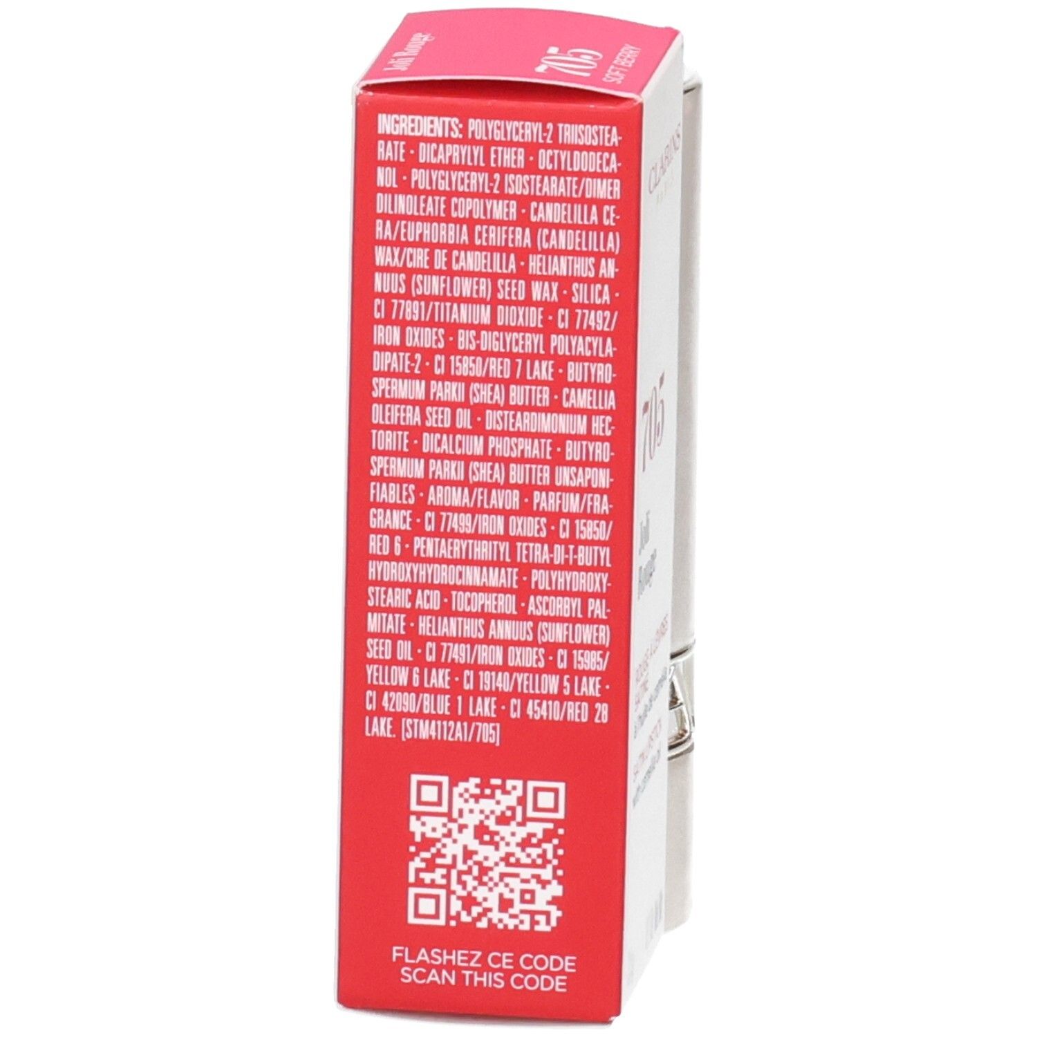 Arrière de l'emballage du Rouge à Lèvres Satin Clarins avec ingrédients et code QR.