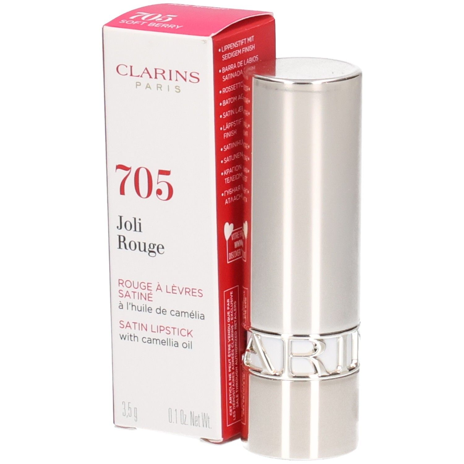 Rouge à Lèvres Satin Clarins 705 Soft Berry dans son écrin argenté avec boîte.