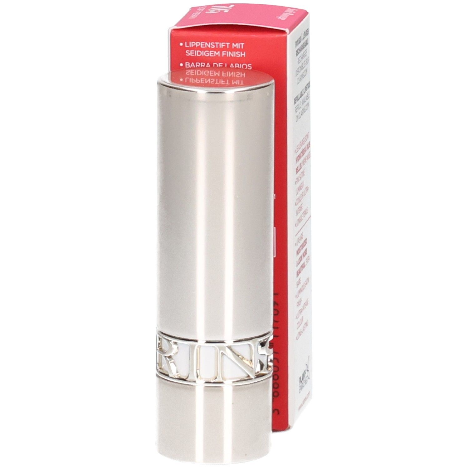Rouge à Lèvres Satin Clarins 705 Soft Berry dans son écrin argenté, vue latérale.