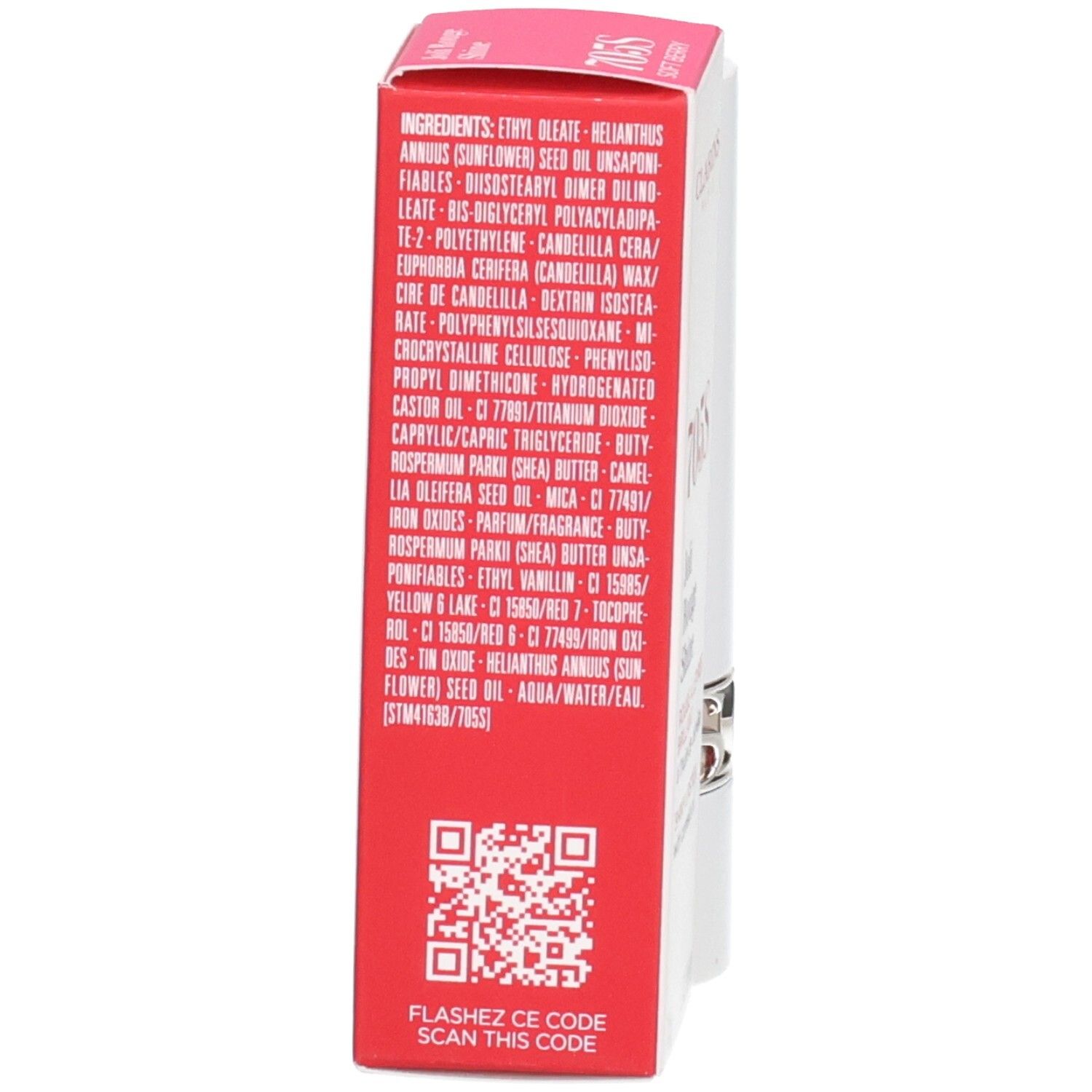 Rouge à lèvres Joli Rouge Shine 705S Soft Berry Clarins, emballage arrière avec ingrédients.