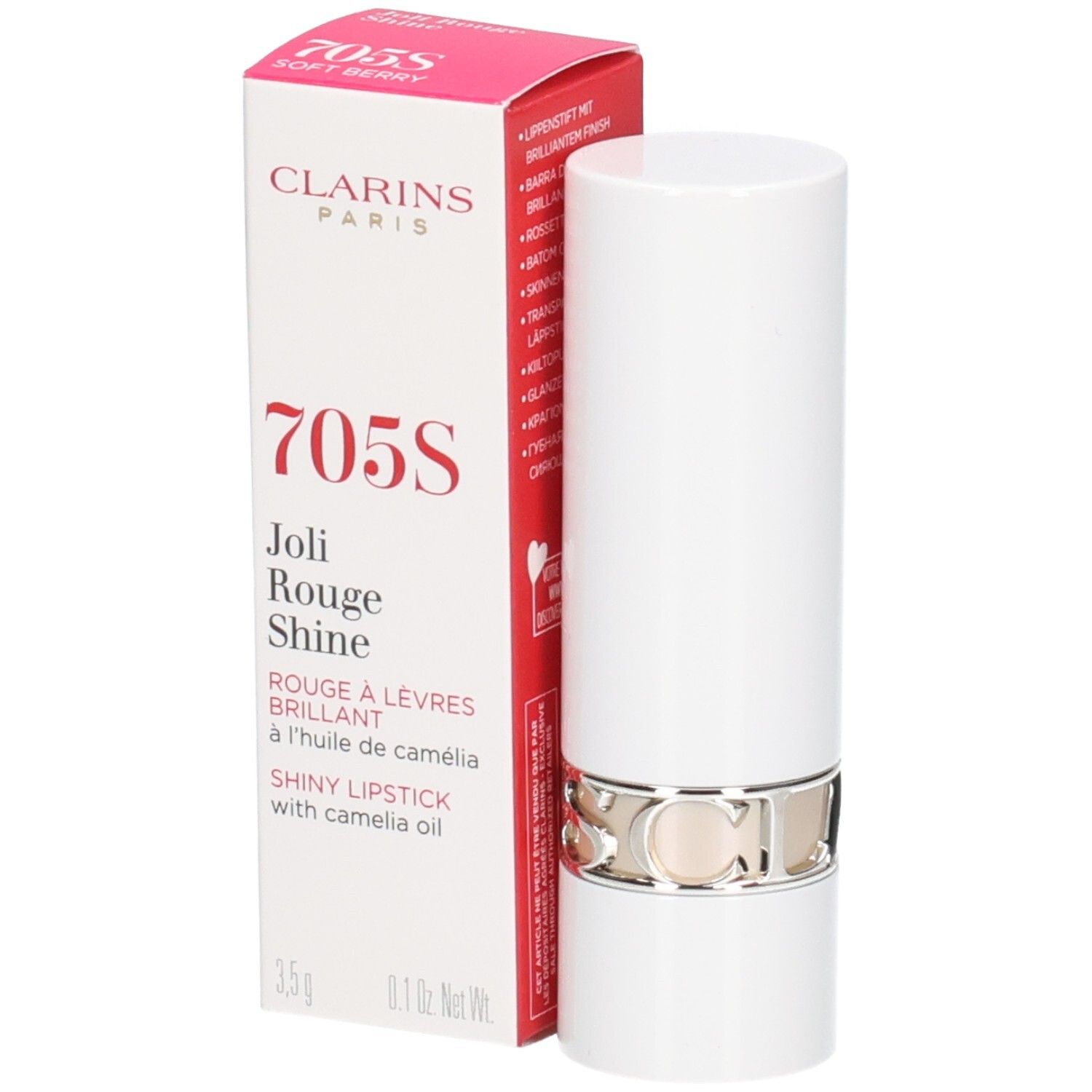 Rouge à lèvres Joli Rouge Shine 705S Soft Berry de Clarins dans son étui blanc avec emballage.