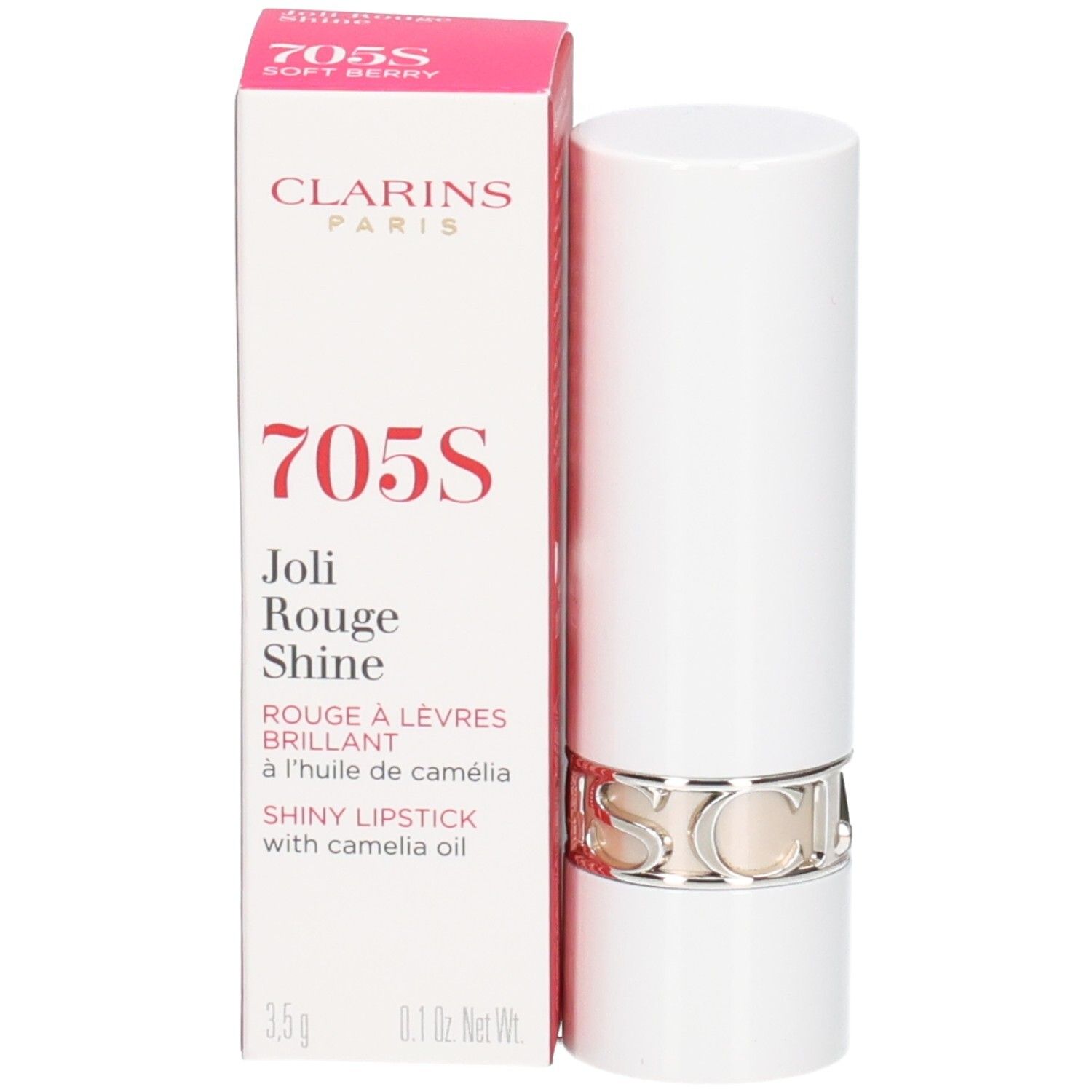 Rouge à lèvres Joli Rouge Shine 705S Soft Berry de Clarins dans son étui blanc avec emballage.