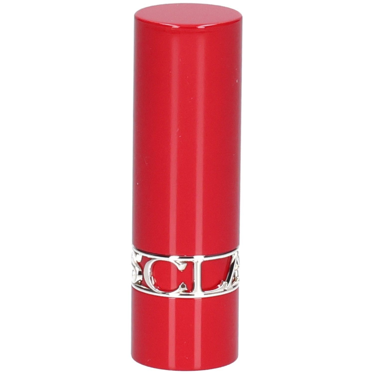 Rouge à lèvres rouge avec bande argentée et inscription CLARINS.