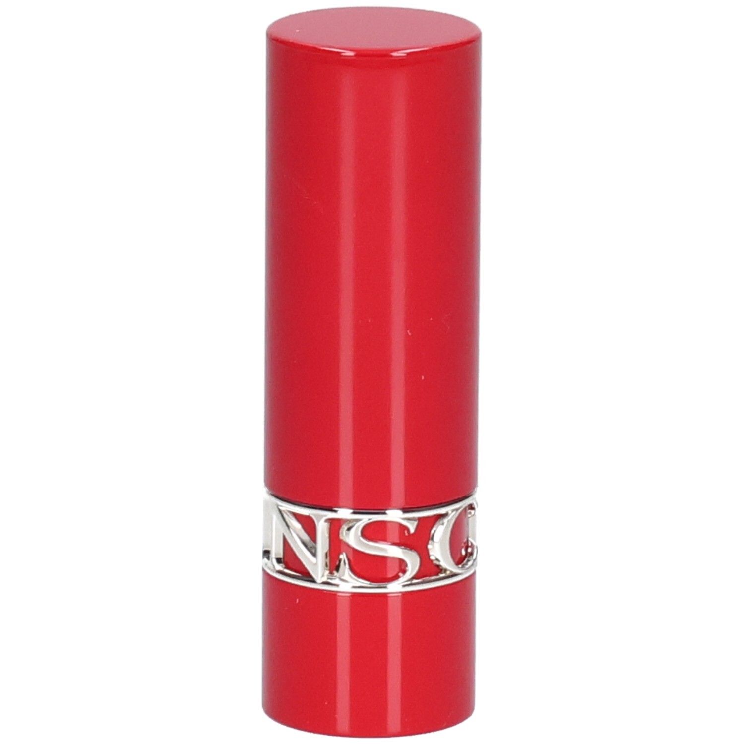 Rouge à lèvres rouge avec bande argentée et inscription CLARINS.