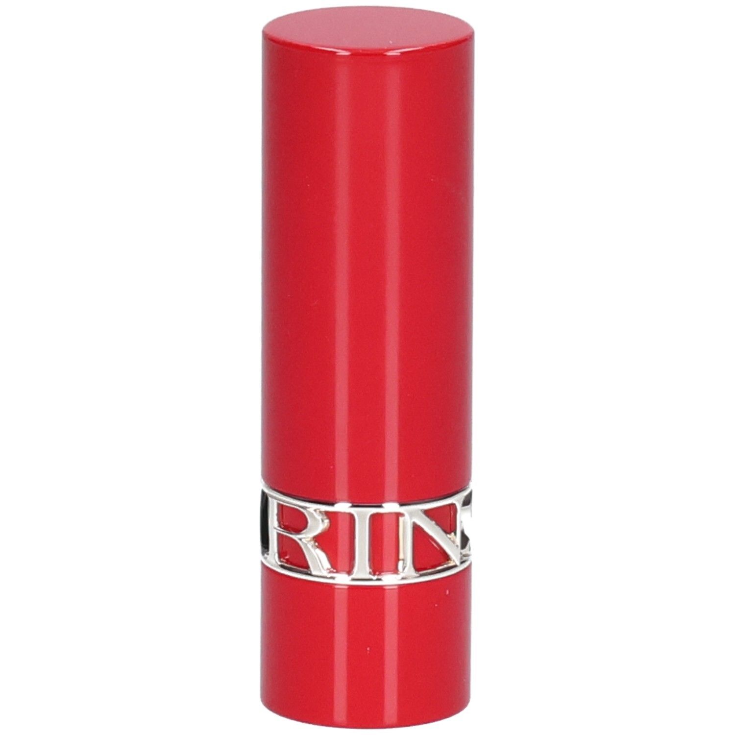 Rouge à lèvres rouge avec bande argentée et inscription CLARINS.