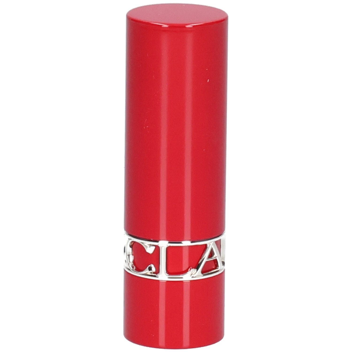 Rouge à lèvres rouge avec bande argentée et inscription CLARINS.