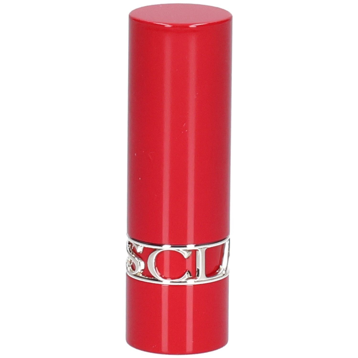 Rouge à lèvres rouge avec bande argentée et inscription CLARINS.
