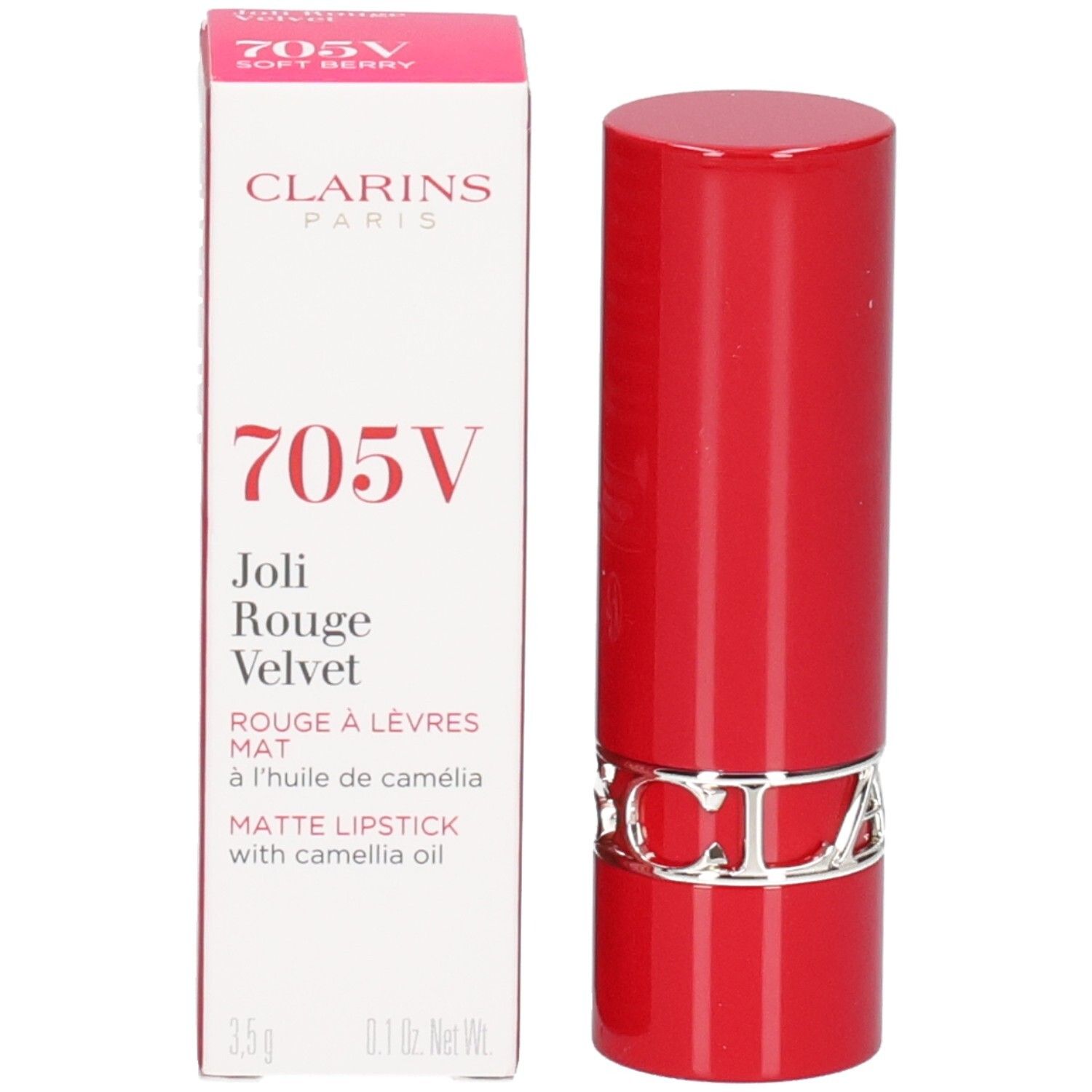 Rouge à lèvres Clarins Joli Rouge Velvet 705V Soft Berry et son emballage.