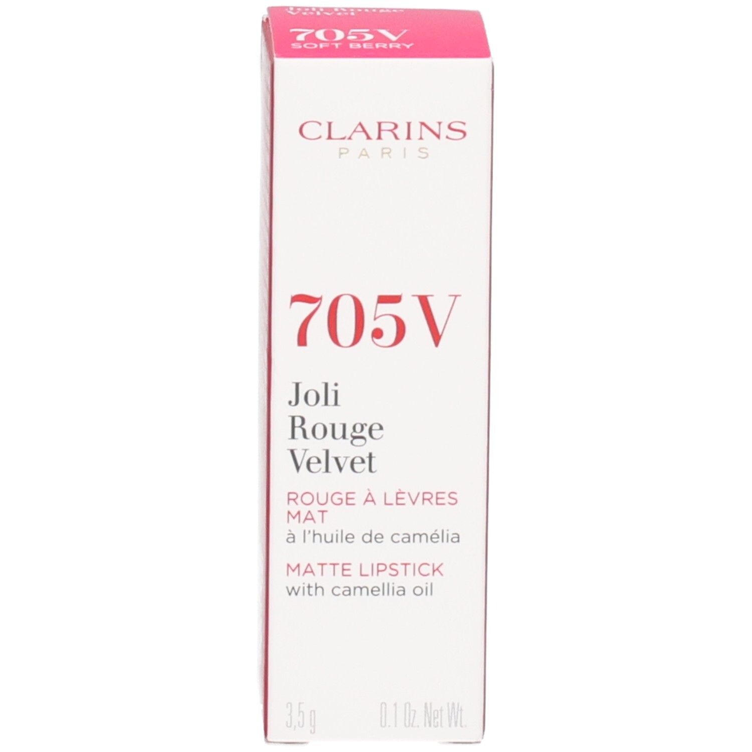 Rouge à lèvres Clarins Joli Rouge Velvet 705V Soft Berry et son emballage.