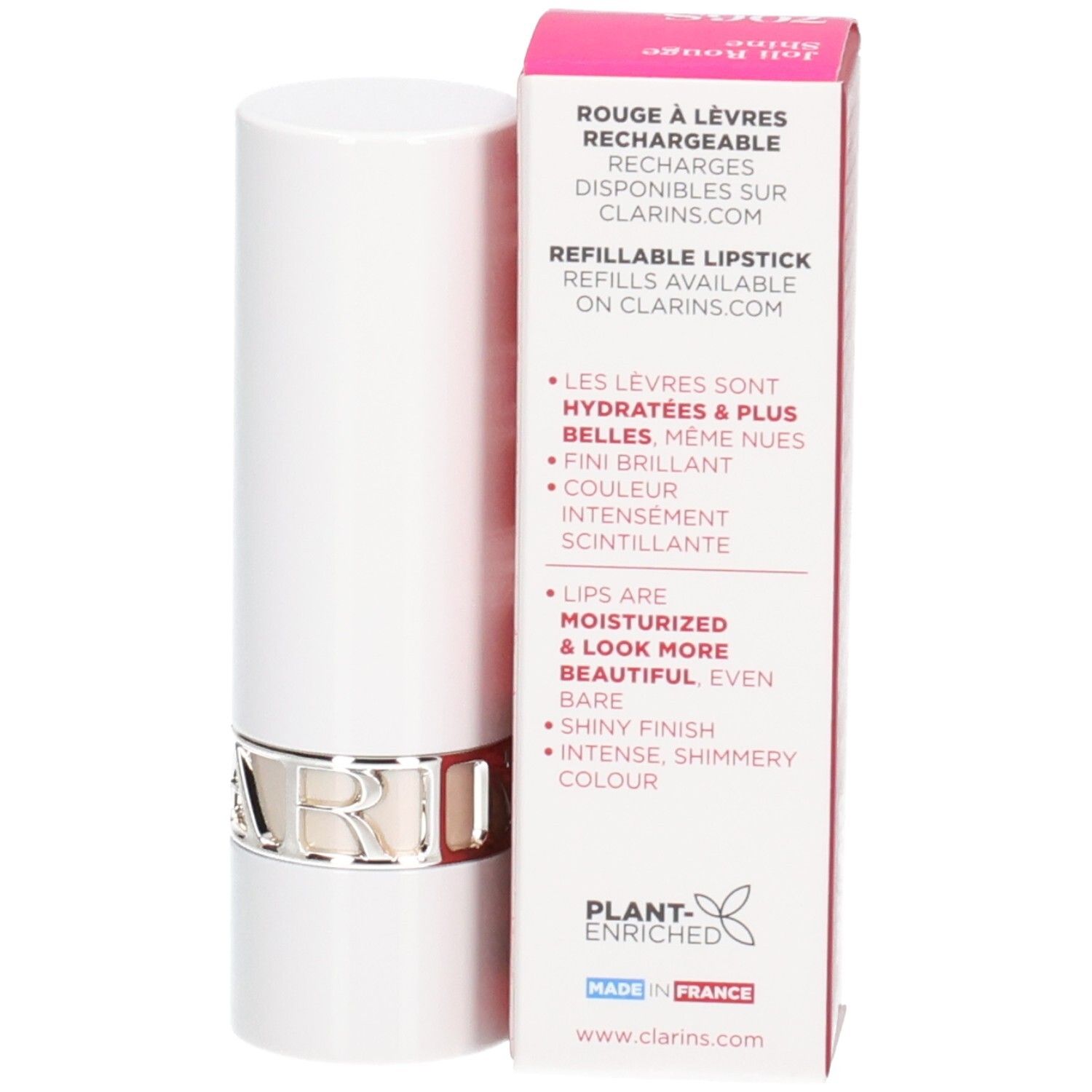 Rouge à Lèvres Brillant Joli Rouge 706S de Clarins dans un tube blanc avec anneau argenté, à côté de sa boîte.