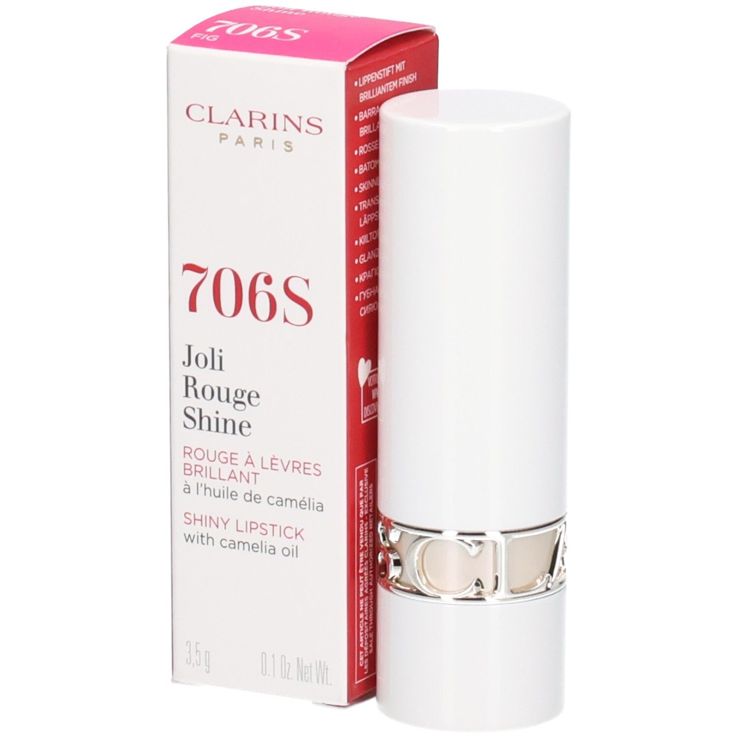Rouge à Lèvres Brillant Joli Rouge 706S de Clarins dans un tube blanc avec anneau argenté, à côté de sa boîte.