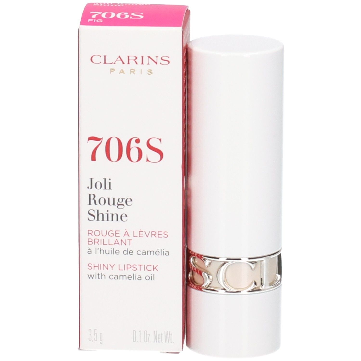 Rouge à Lèvres Brillant Joli Rouge 706S de Clarins dans un tube blanc avec anneau argenté, à côté de sa boîte.