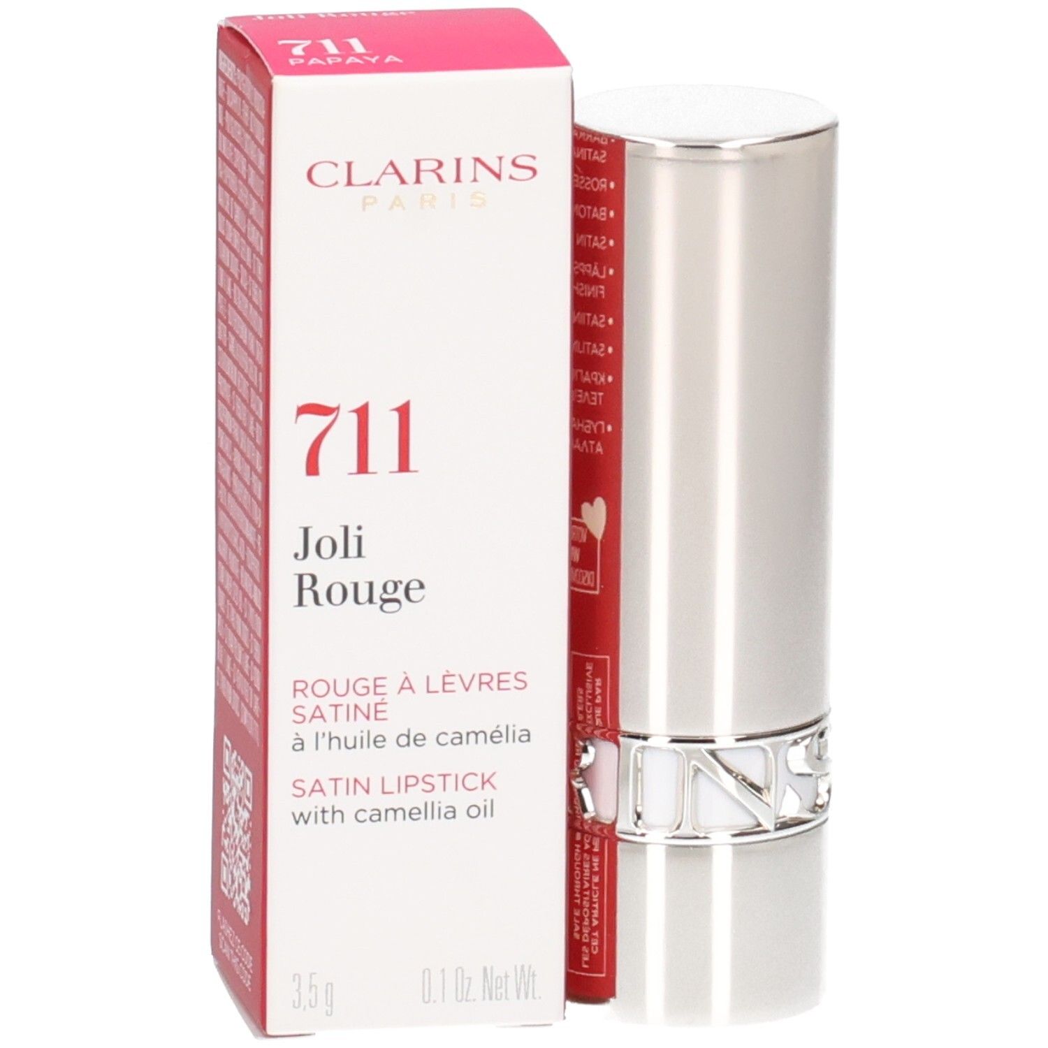Rouge à lèvres Joli Rouge Satin Clarins 711 Papaye, tube argenté avec boîte.