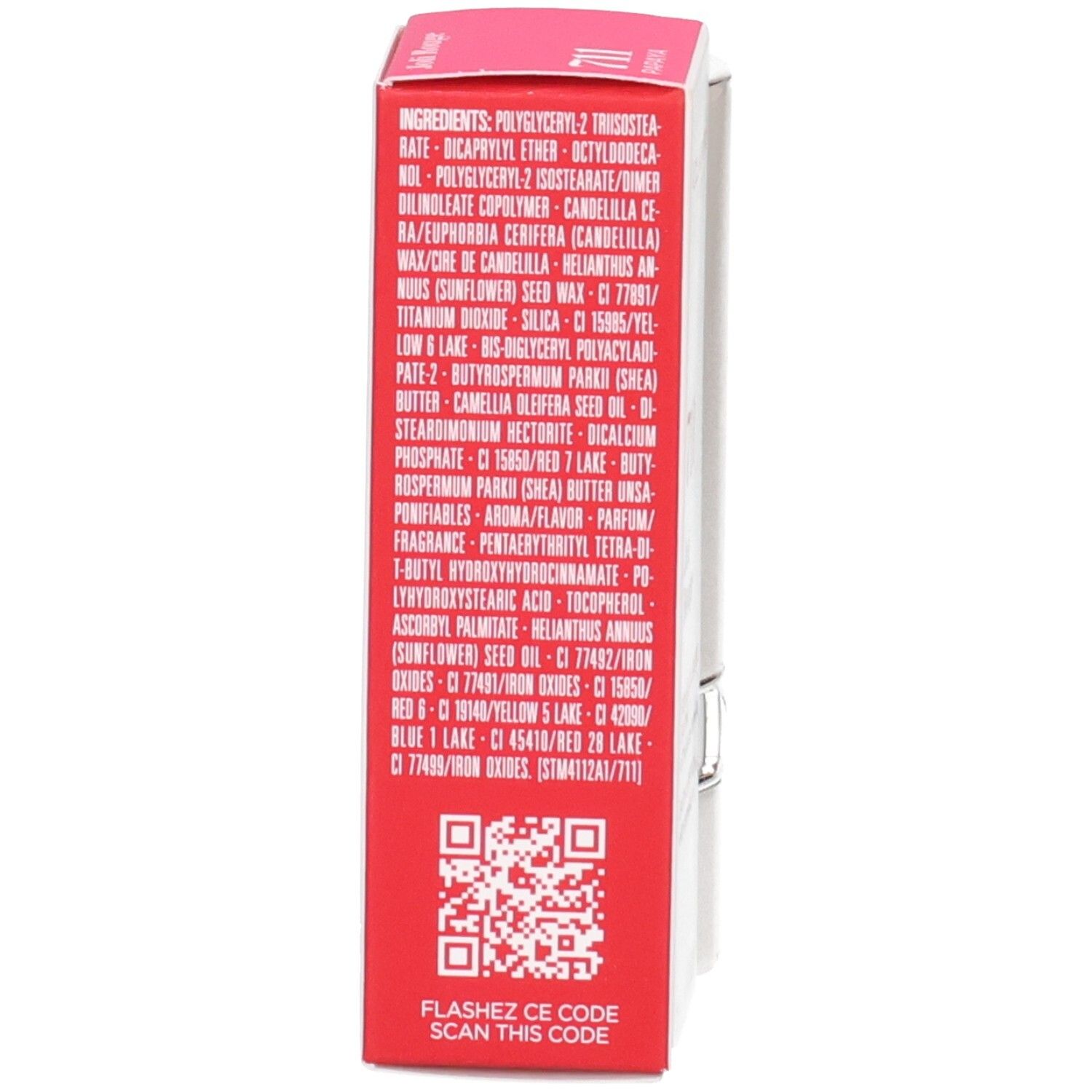 Rouge à lèvres Joli Rouge Satin Clarins 711 Papaye, boîte avec liste des ingrédients.