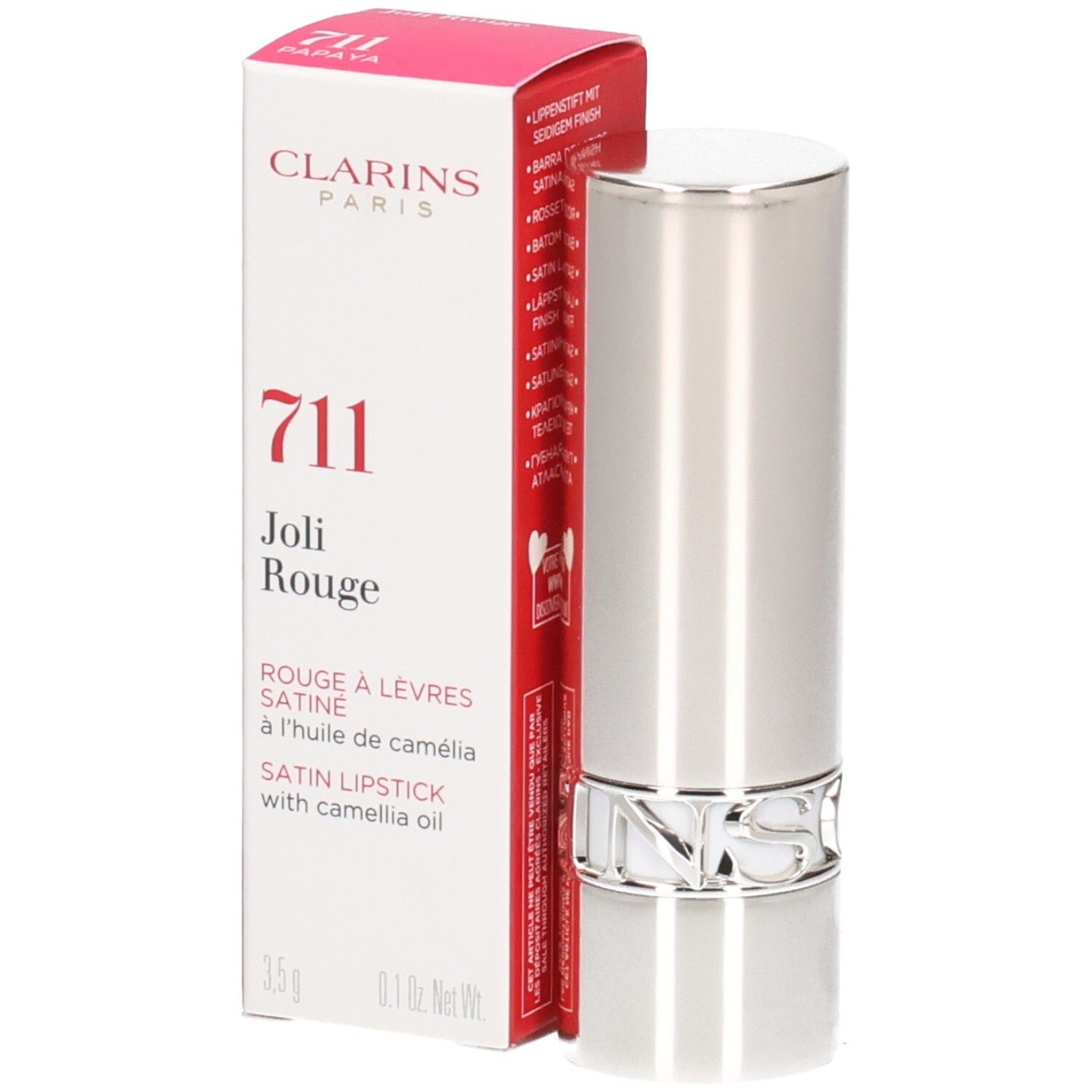 Rouge à lèvres Joli Rouge Satin Clarins 711 Papaye, tube argenté avec boîte.