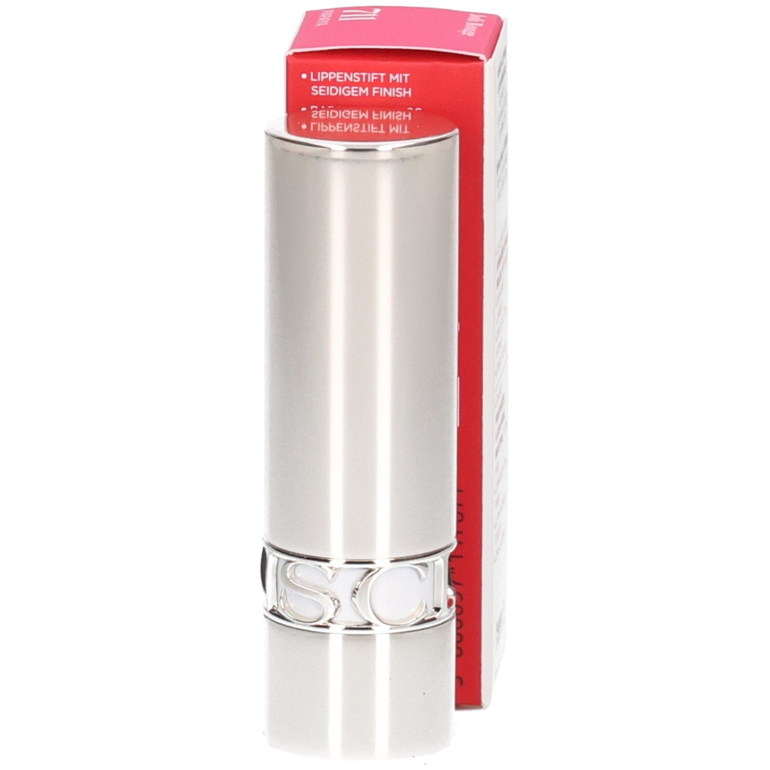 Rouge à lèvres Joli Rouge Satin Clarins 711 Papaye, tube argenté avec boîte.