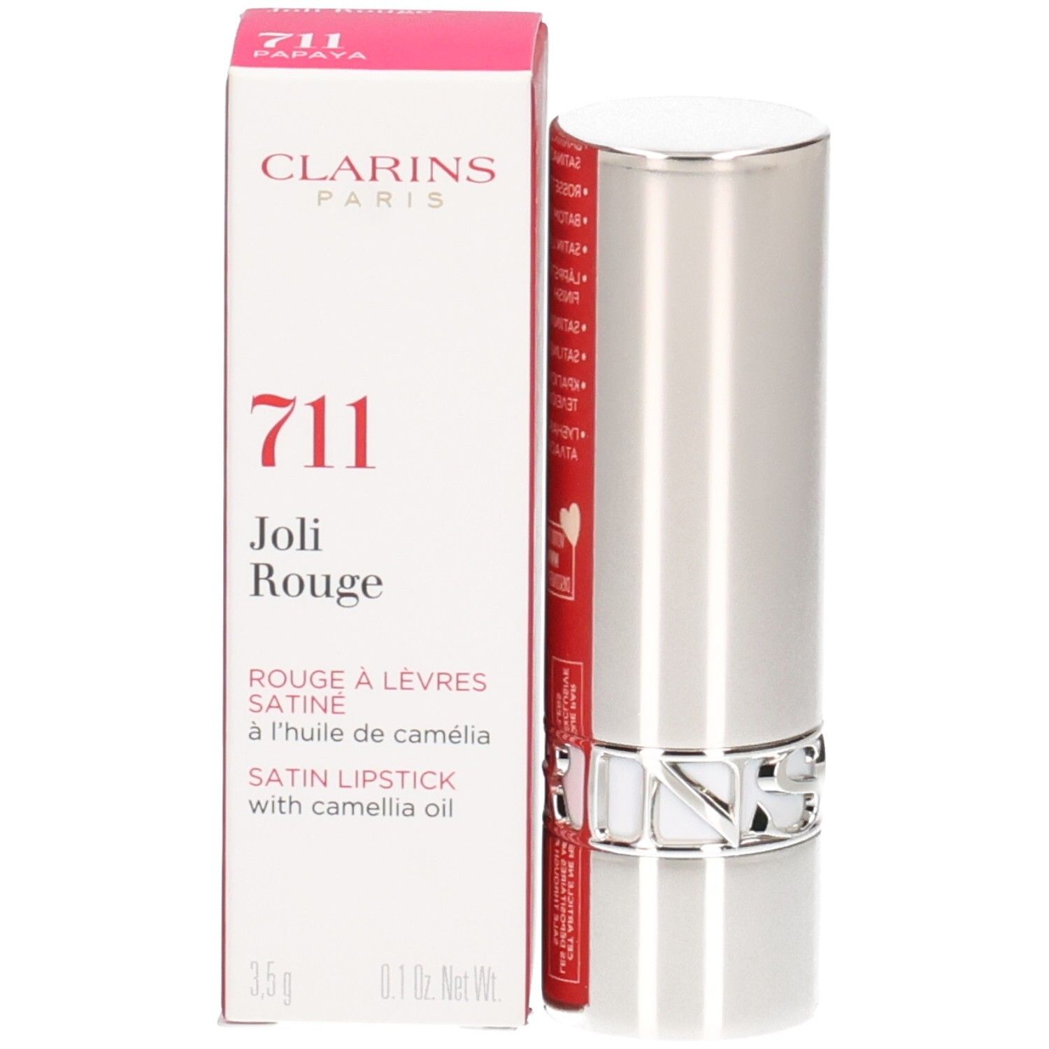 Rouge à lèvres Joli Rouge Satin Clarins 711 Papaye, tube argenté avec boîte.