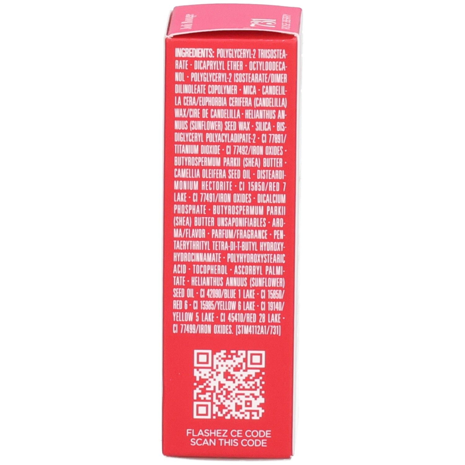 Arrière de l'emballage du rouge à lèvres satiné Clarins Joli Rouge, liste des ingrédients.