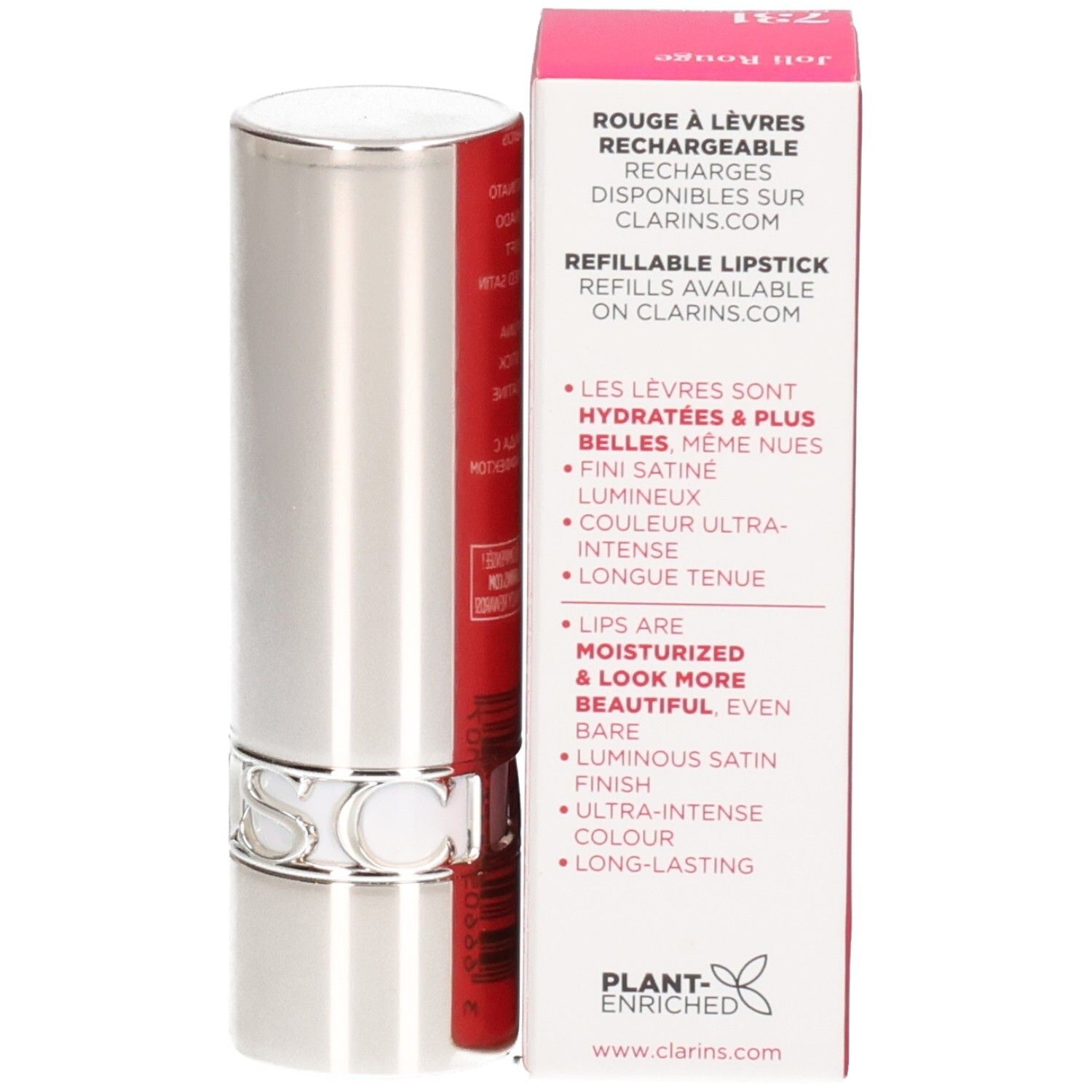 Rouge à lèvres Clarins Joli Rouge rechargeable, tube argenté avec emballage.