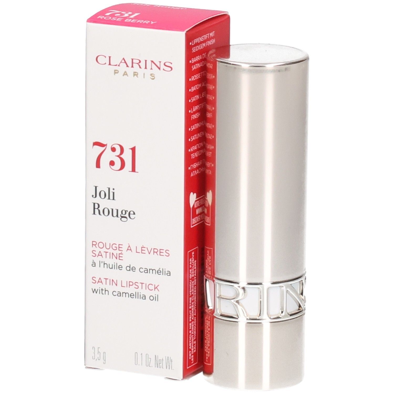 Rouge à lèvres satiné Clarins Joli Rouge 731 Rose Berry, tube argenté avec boîte.