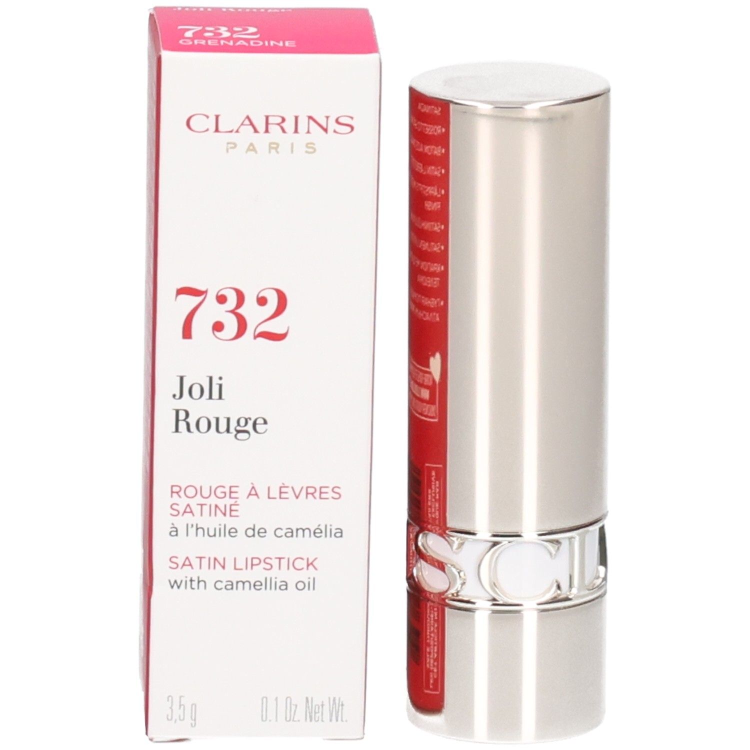 Rouge à lèvres Clarins Joli Rouge 732 Grenadine dans son tube argenté et sa boîte.