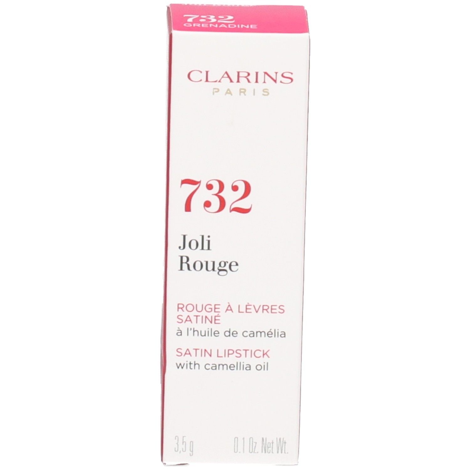 Rouge à lèvres Clarins Joli Rouge 732 Grenadine dans son tube argenté et sa boîte.