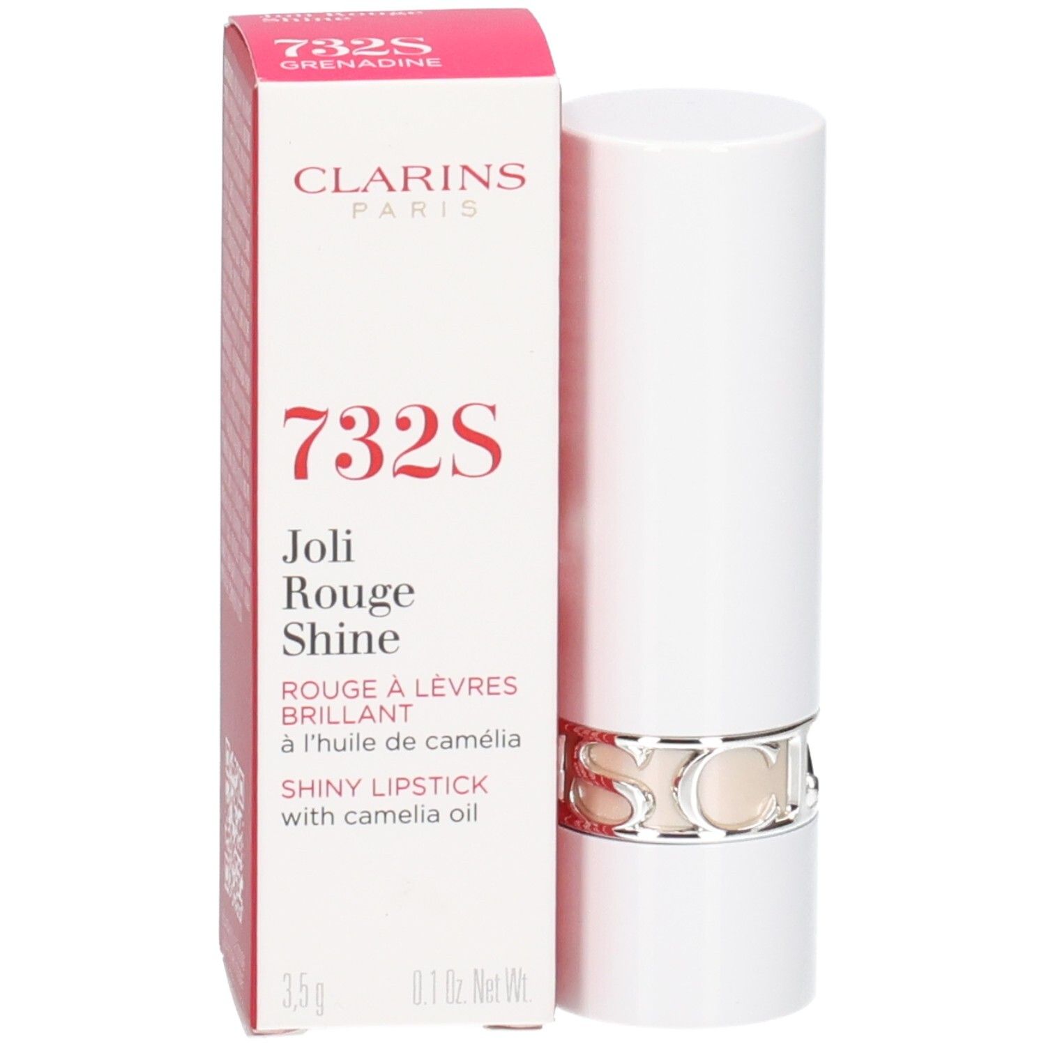 Rouge à lèvres Joli Rouge Satin Clarins 732S Grenadine dans son emballage blanc.