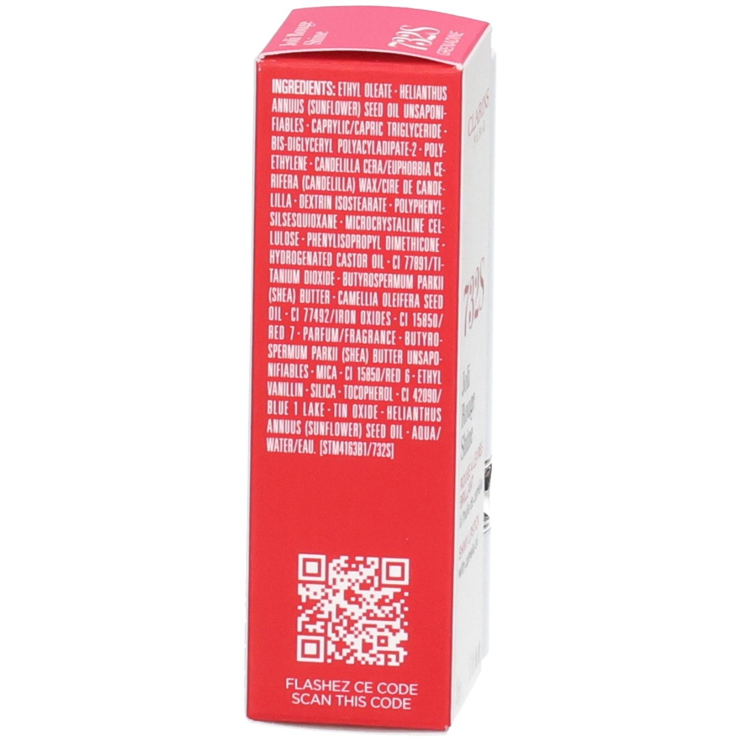 Rouge à lèvres Joli Rouge Satin Clarins 732S Grenadine, emballage arrière avec ingrédients.