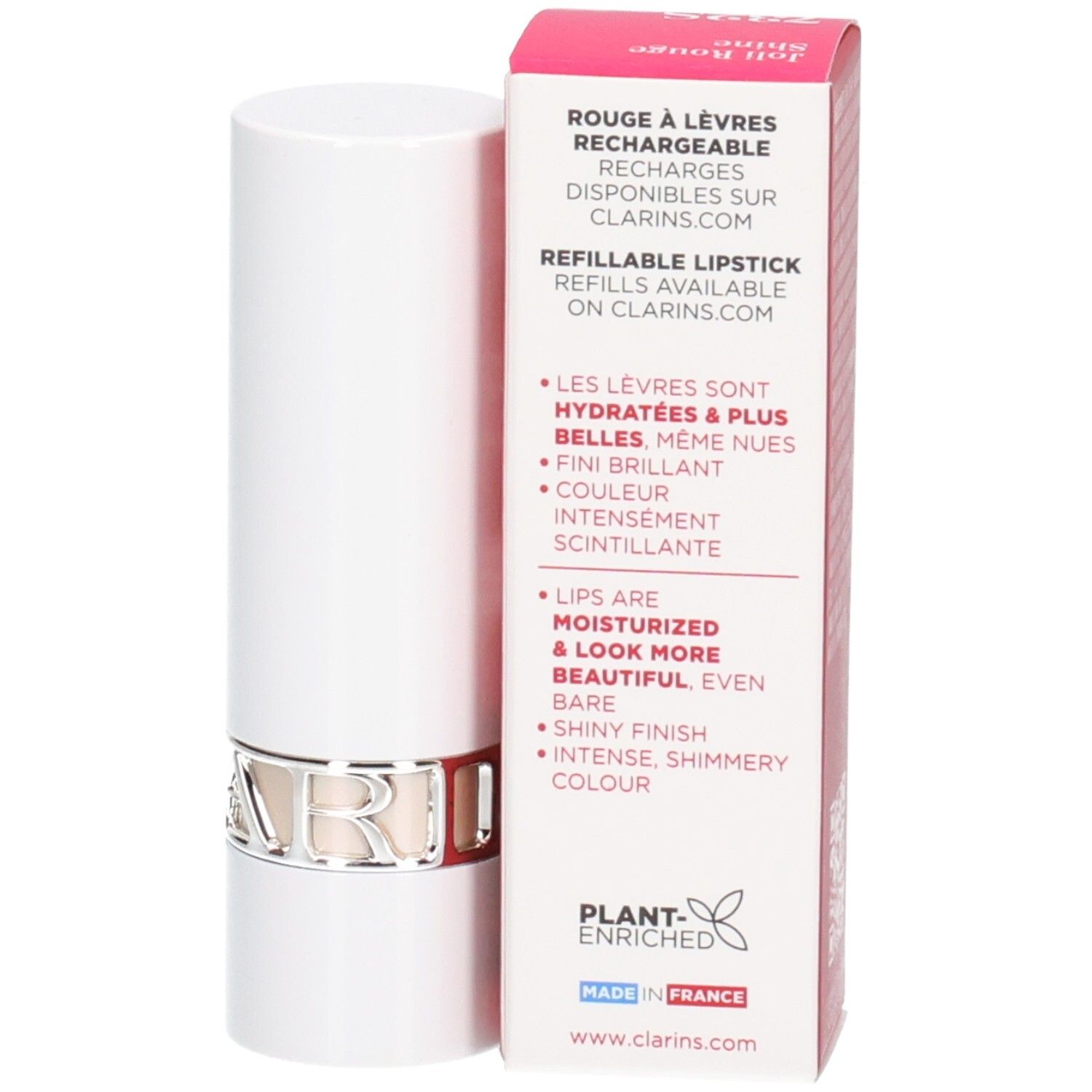 Rouge à lèvres Joli Rouge Satin Clarins 732S Grenadine, rechargeable, Fabriqué en France.
