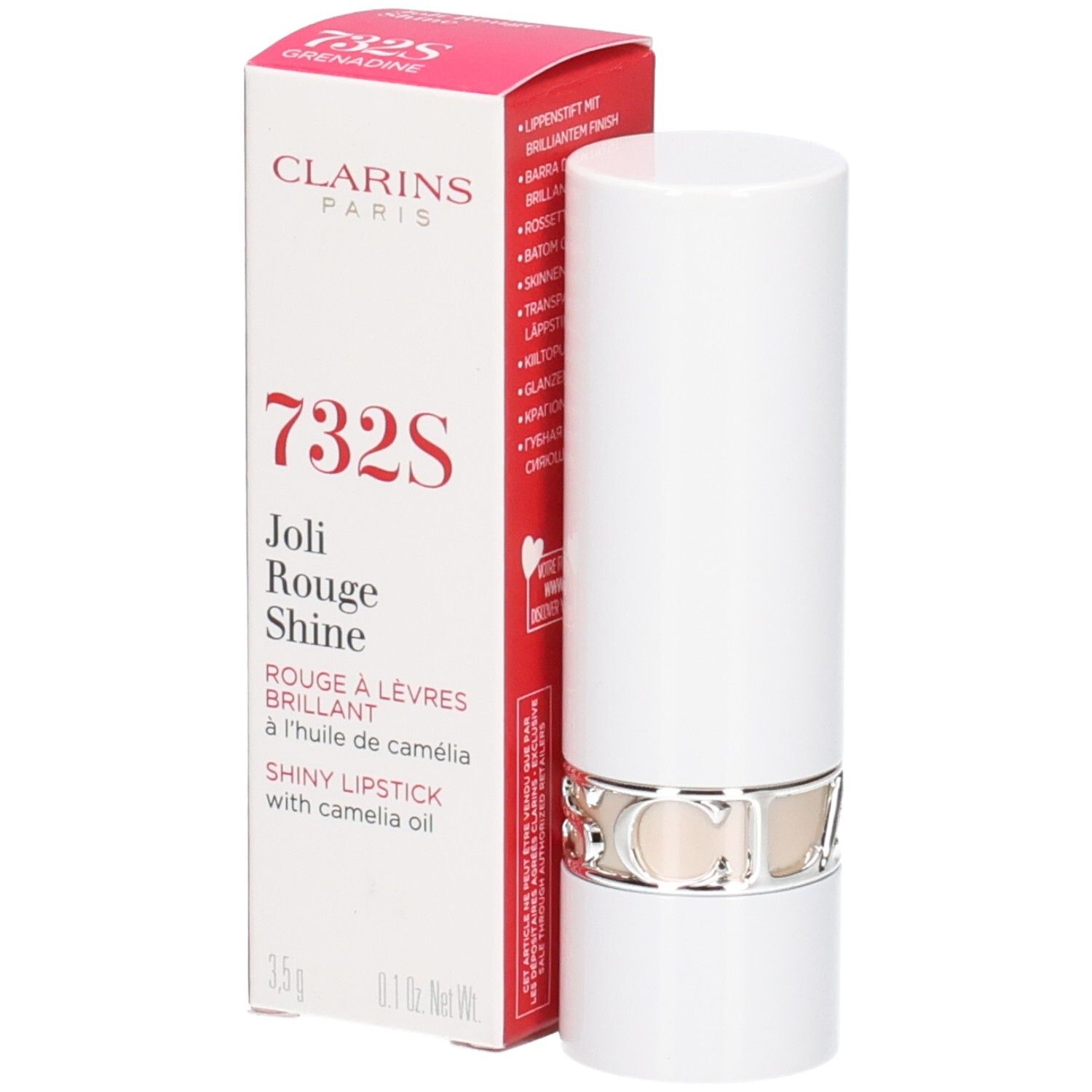 Rouge à lèvres Joli Rouge Satin Clarins 732S Grenadine, tube de rouge à lèvres blanc avec anneau argenté.