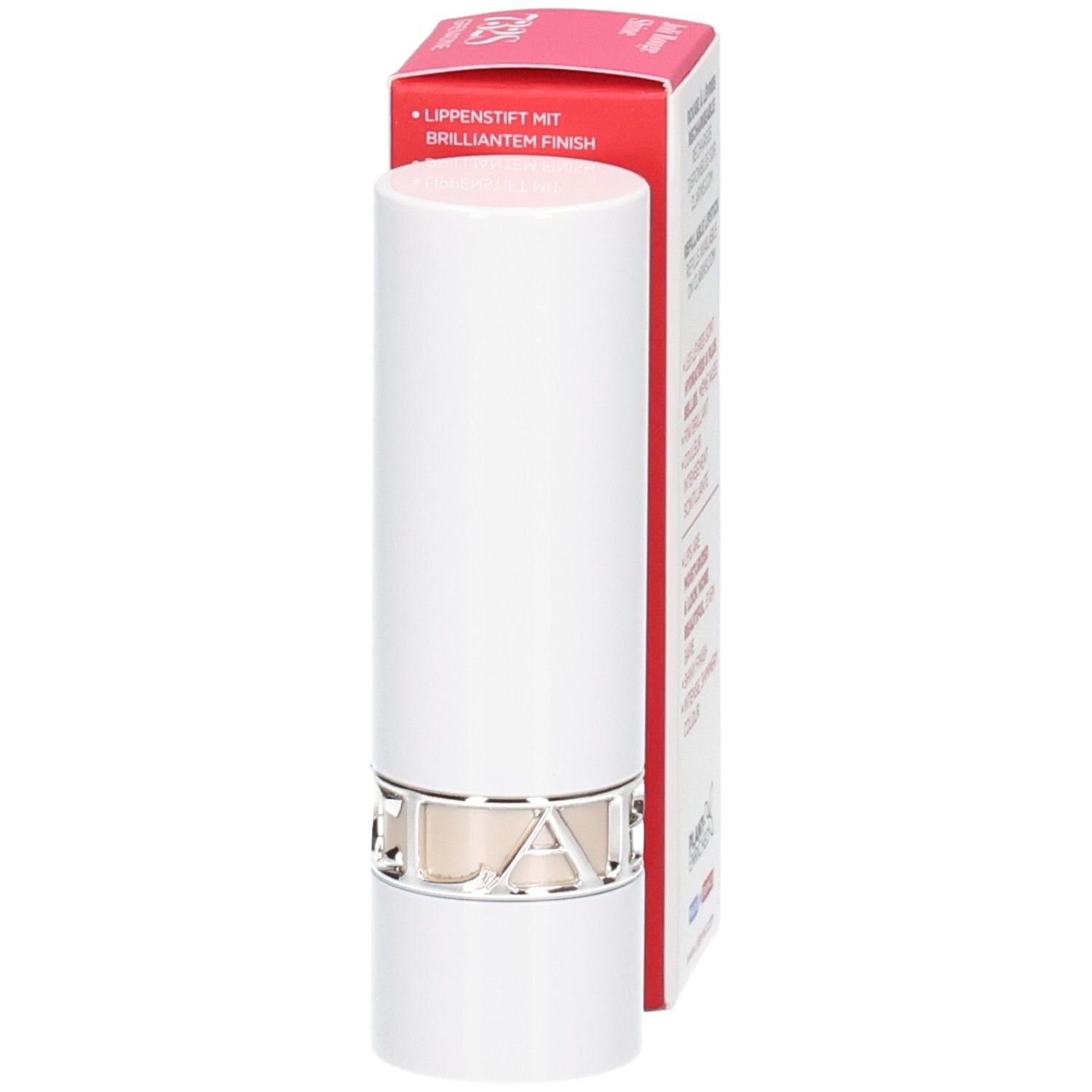 Rouge à lèvres Joli Rouge Satin Clarins 732S Grenadine, tube de rouge à lèvres blanc avec anneau argenté.