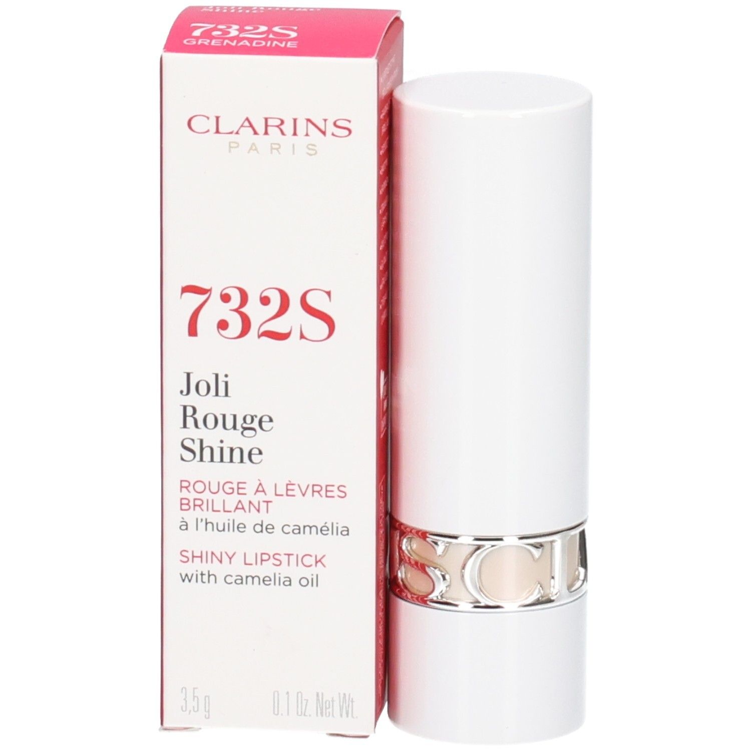 Rouge à lèvres Joli Rouge Satin Clarins 732S Grenadine dans son emballage blanc.