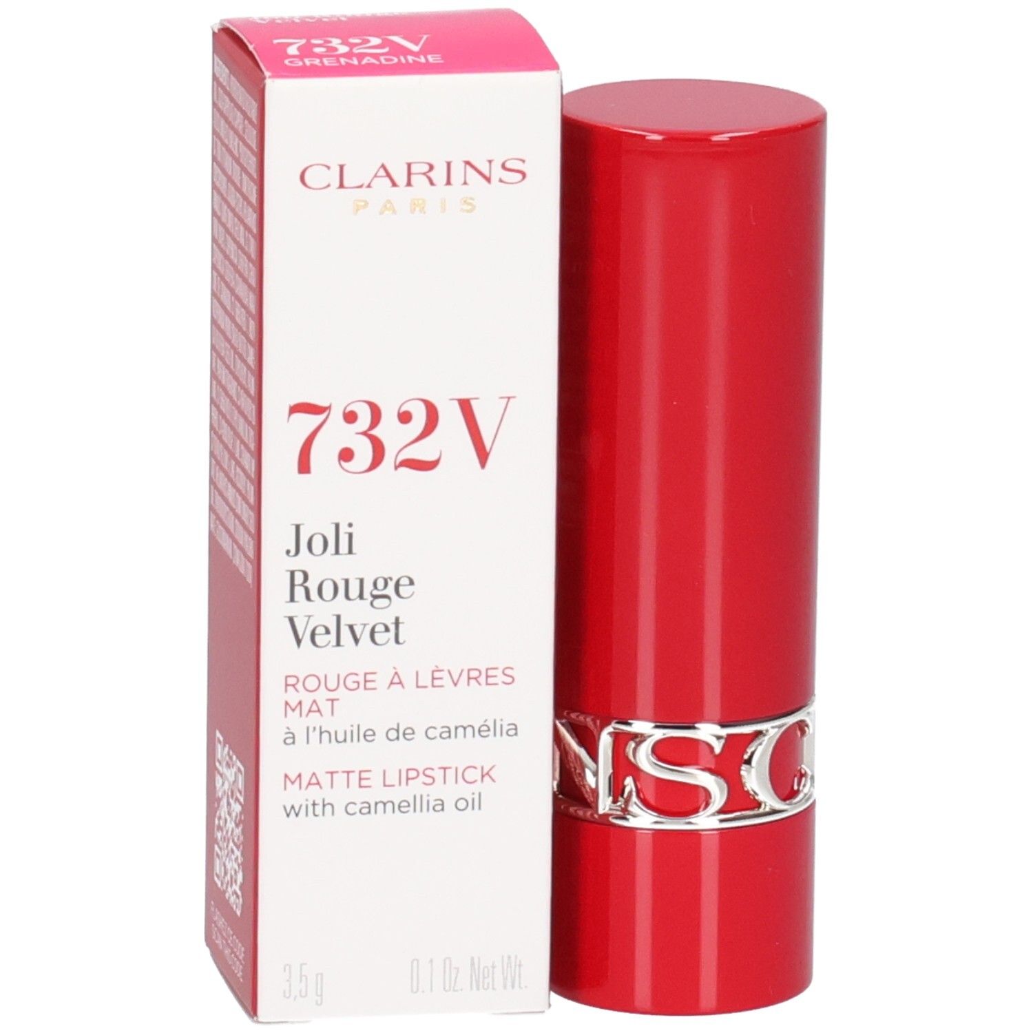 Rouge à Lèvres Velvet 732V Grenadine de Clarins dans un tube rouge avec logo CLARINS argenté. Boîte en carton à côté.