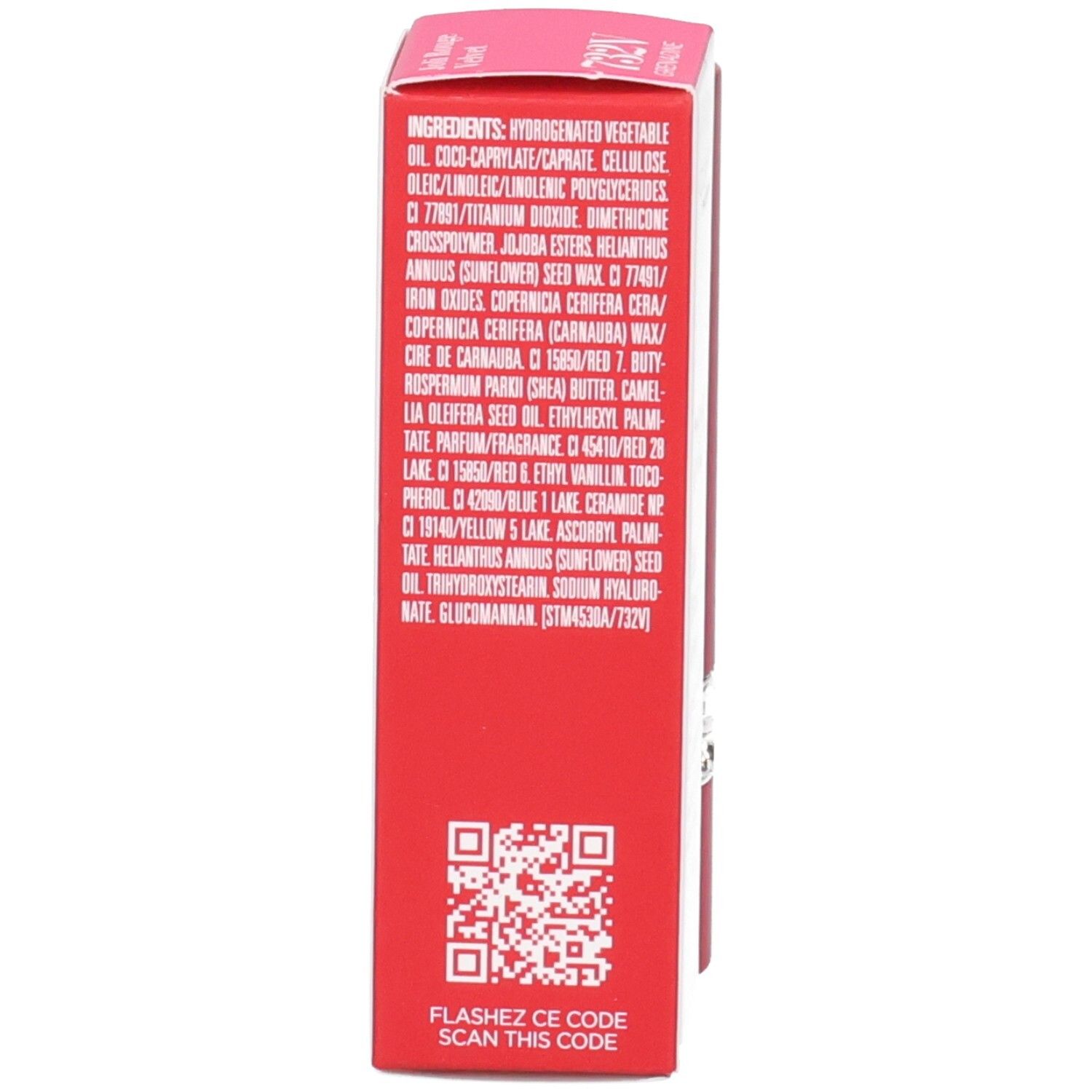 Arrière de la boîte en carton Clarins Joli Rouge Velvet 732V Grenadine avec liste des ingrédients et code QR.