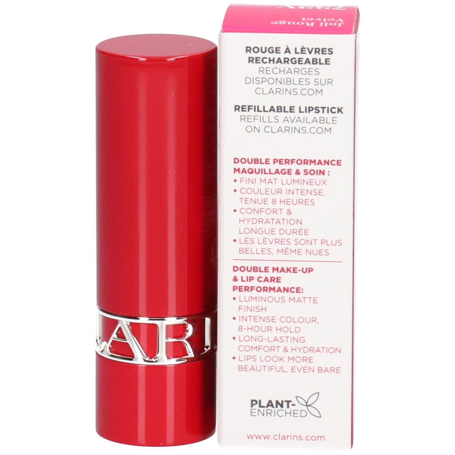 Rouge à Lèvres Velvet 732V Grenadine rechargeable Clarins dans un tube rouge avec logo CLARINS argenté. Boîte en carton à côté.