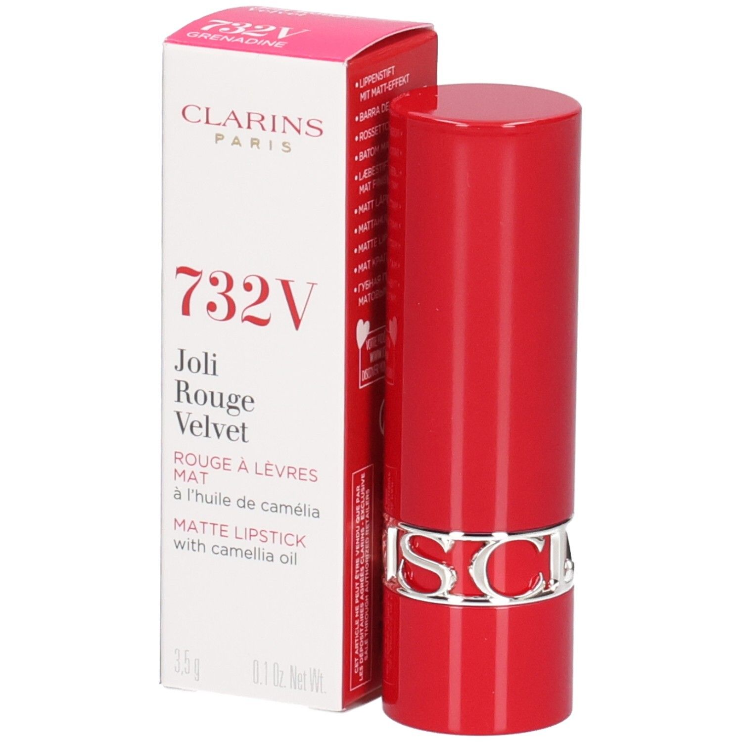 Rouge à Lèvres Velvet 732V Grenadine de Clarins dans un tube rouge avec logo CLARINS argenté. Boîte en carton à côté.