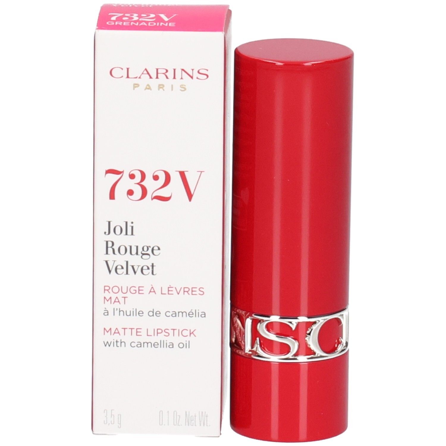 Rouge à Lèvres Velvet 732V Grenadine de Clarins dans un tube rouge avec logo CLARINS argenté. Boîte en carton à côté.
