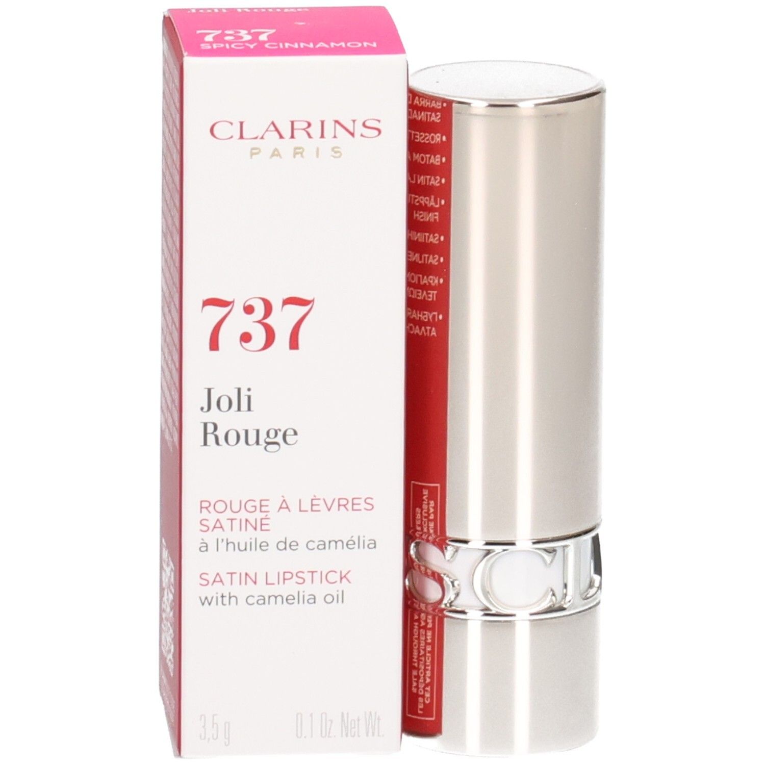 Rouge à lèvres Joli Rouge Satin Clarins 737 Spicy Cinnamon dans son écrin argenté avec boîte.
