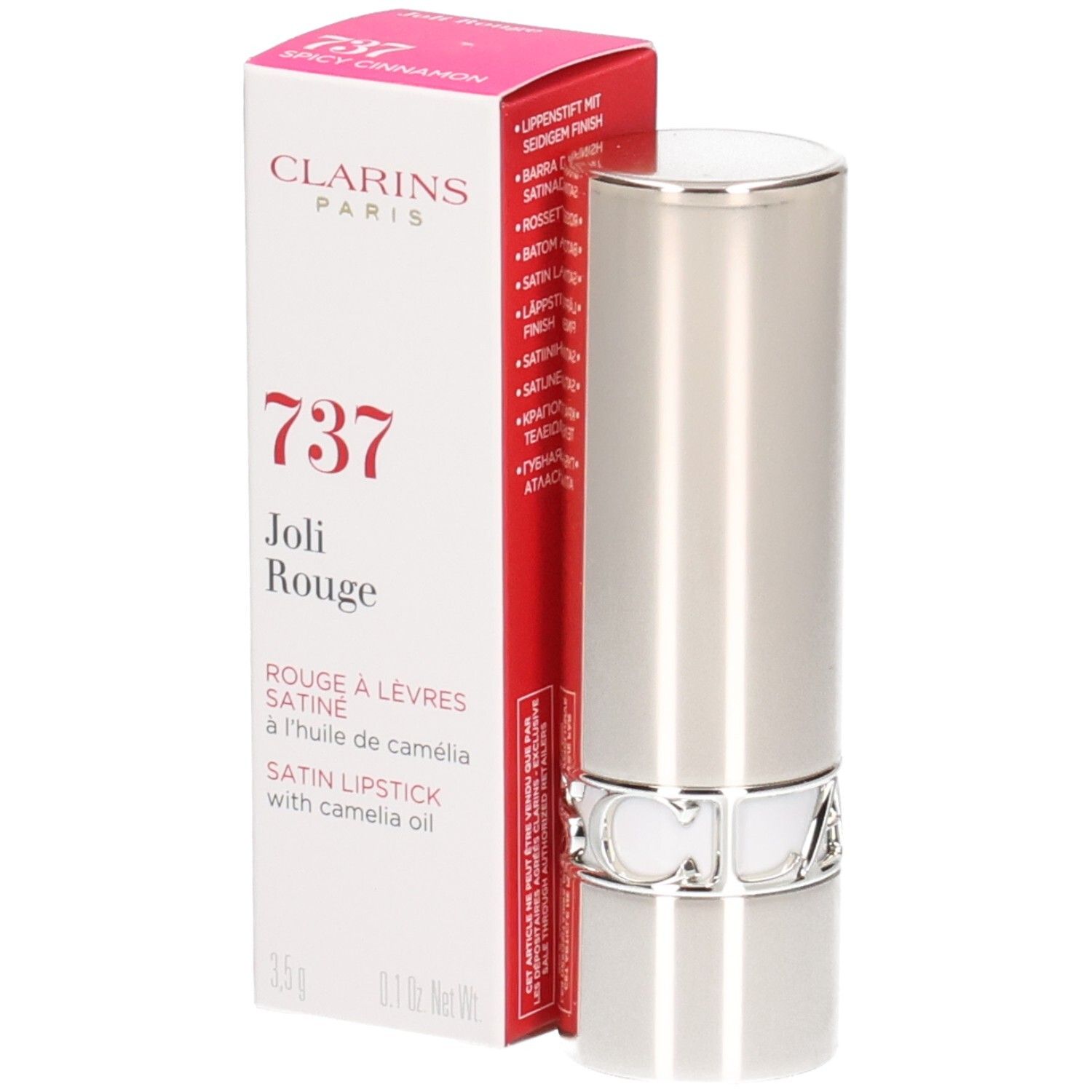 Rouge à lèvres Joli Rouge Satin Clarins 737 Spicy Cinnamon dans son écrin argenté avec boîte.