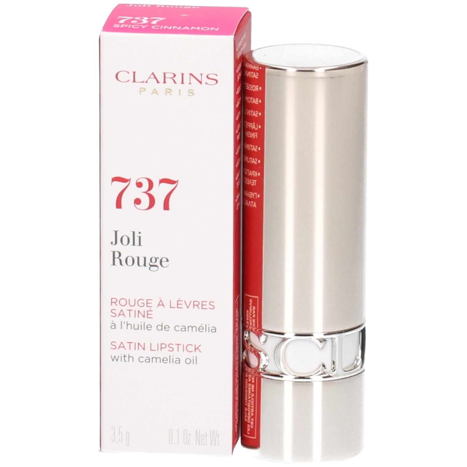 Rouge à lèvres Joli Rouge Satin Clarins 737 Spicy Cinnamon dans son écrin argenté avec boîte.