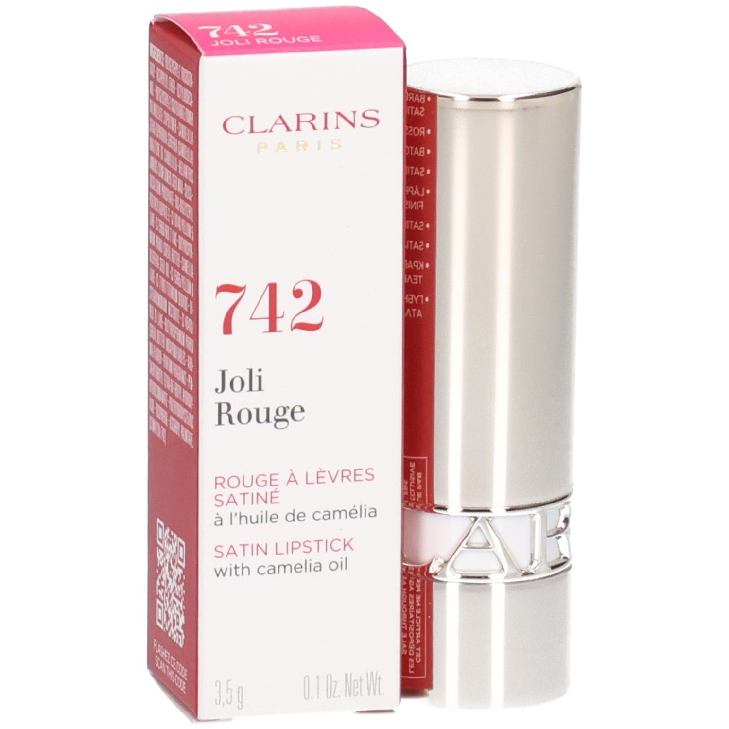 Rouge à lèvres satiné Clarins Joli Rouge 742 dans un tube argenté avec boîte rouge.