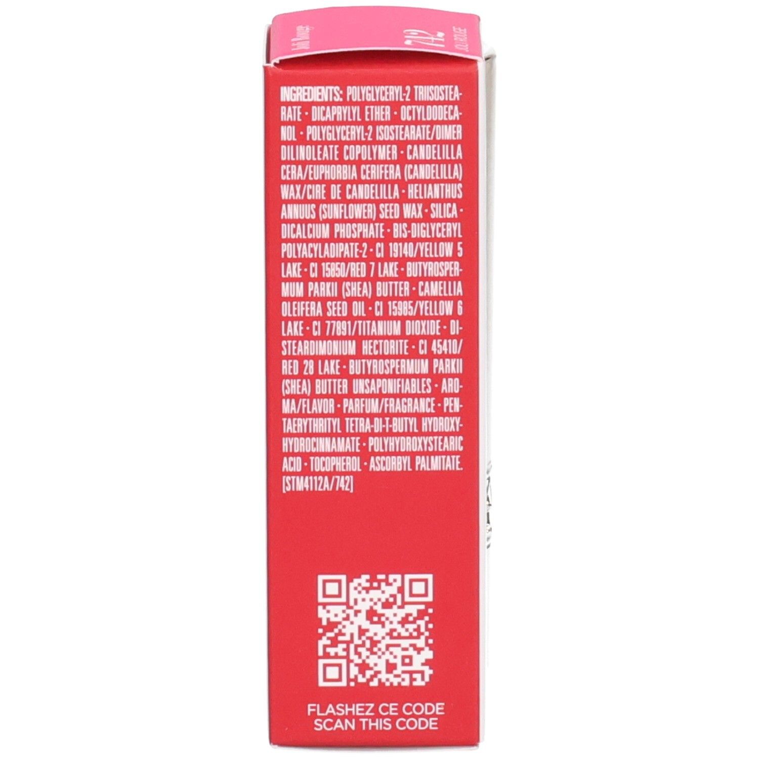Arrière de l'emballage du rouge à lèvres satiné Clarins Joli Rouge 742 avec ingrédients.