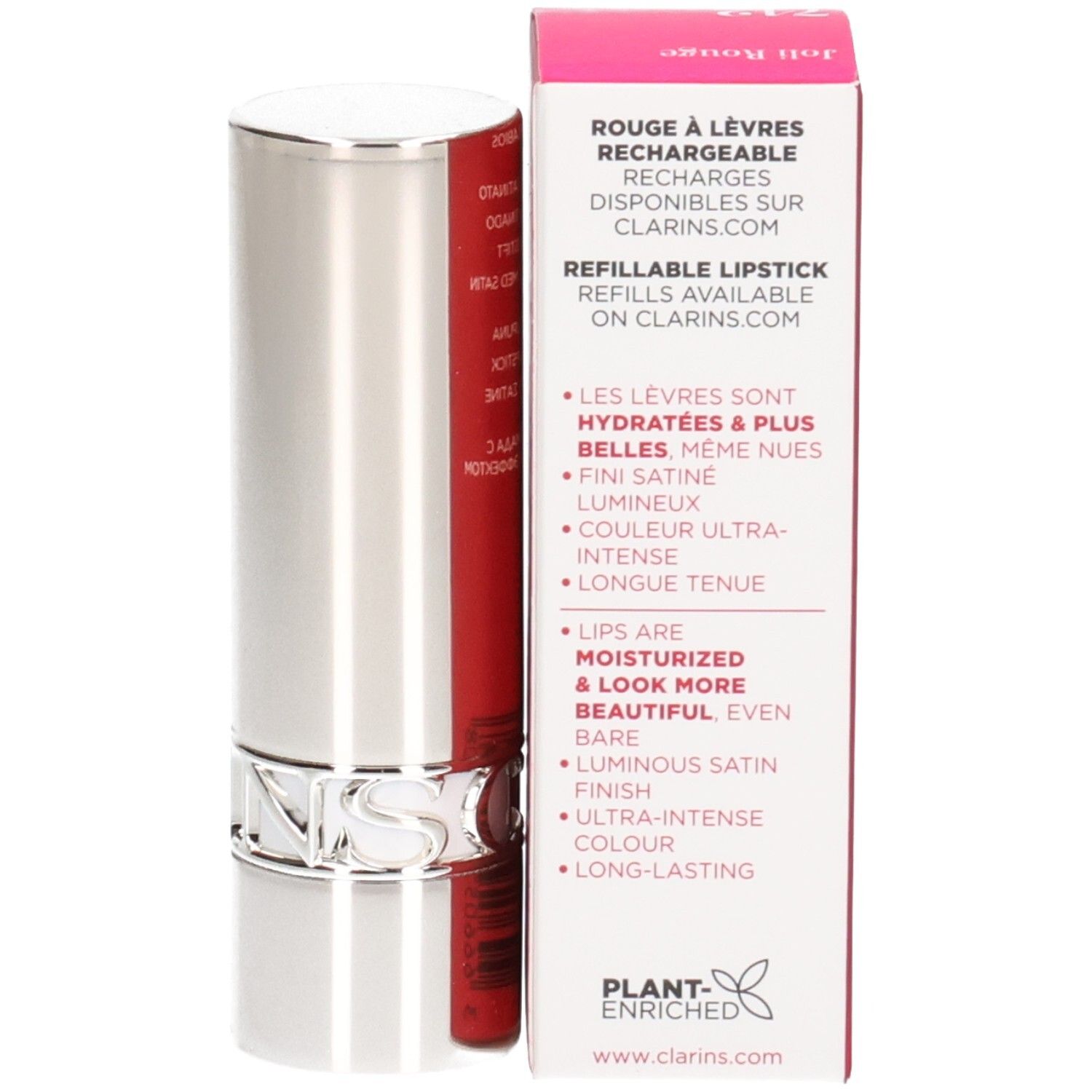 Rouge à lèvres satiné Clarins Joli Rouge 742 rechargeable, tube argenté, emballage rouge.