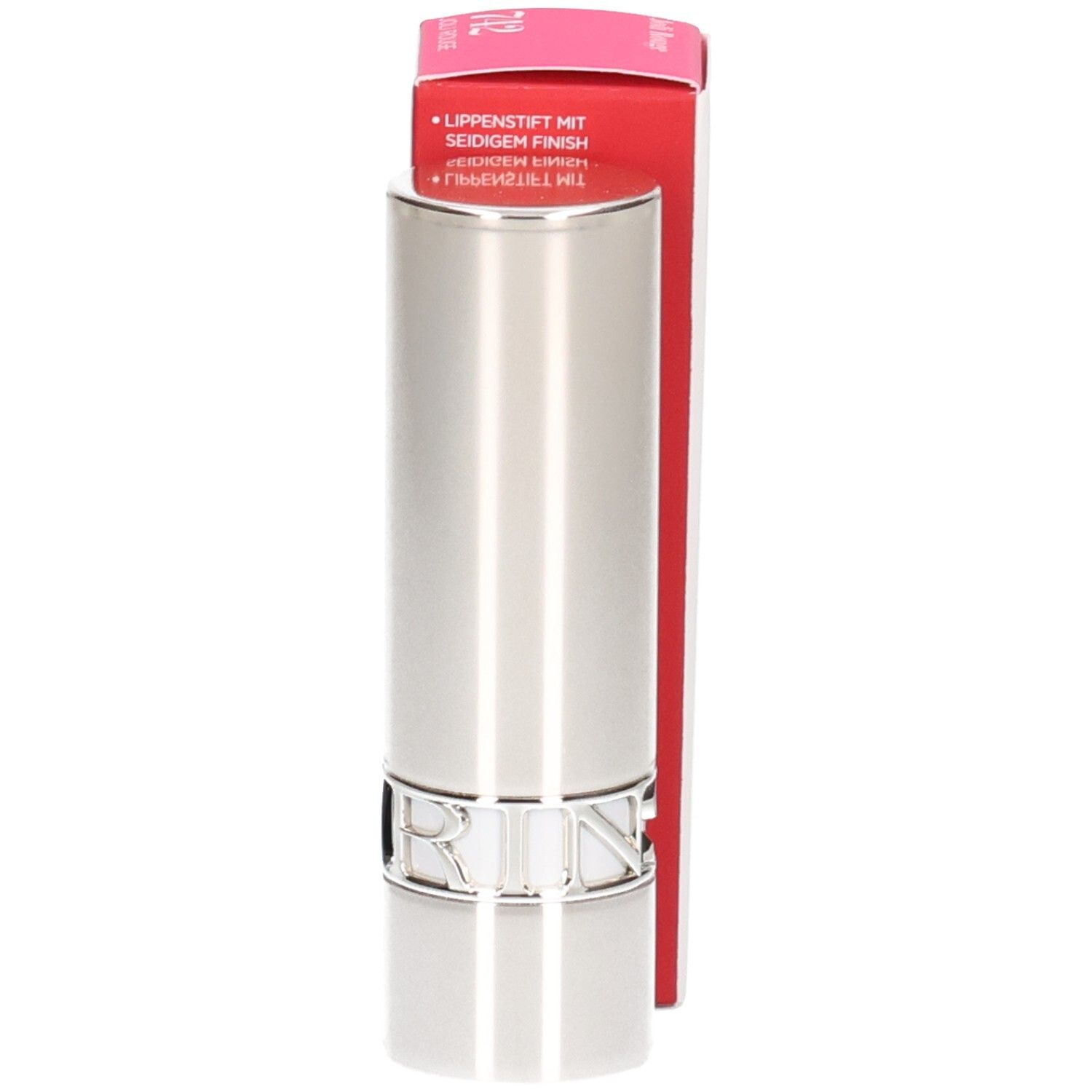 Rouge à lèvres satiné Clarins Joli Rouge 742, tube argenté, emballage rouge, arrière.