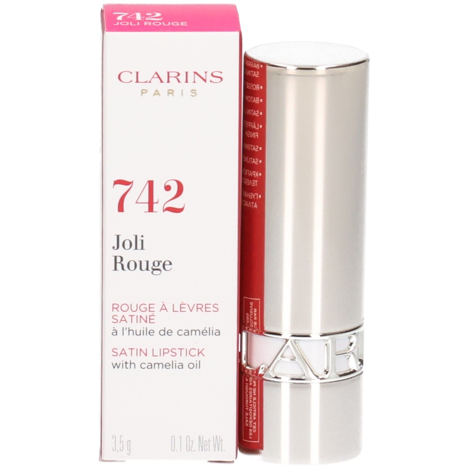 Rouge à lèvres satiné Clarins Joli Rouge 742 dans un tube argenté avec boîte rouge.