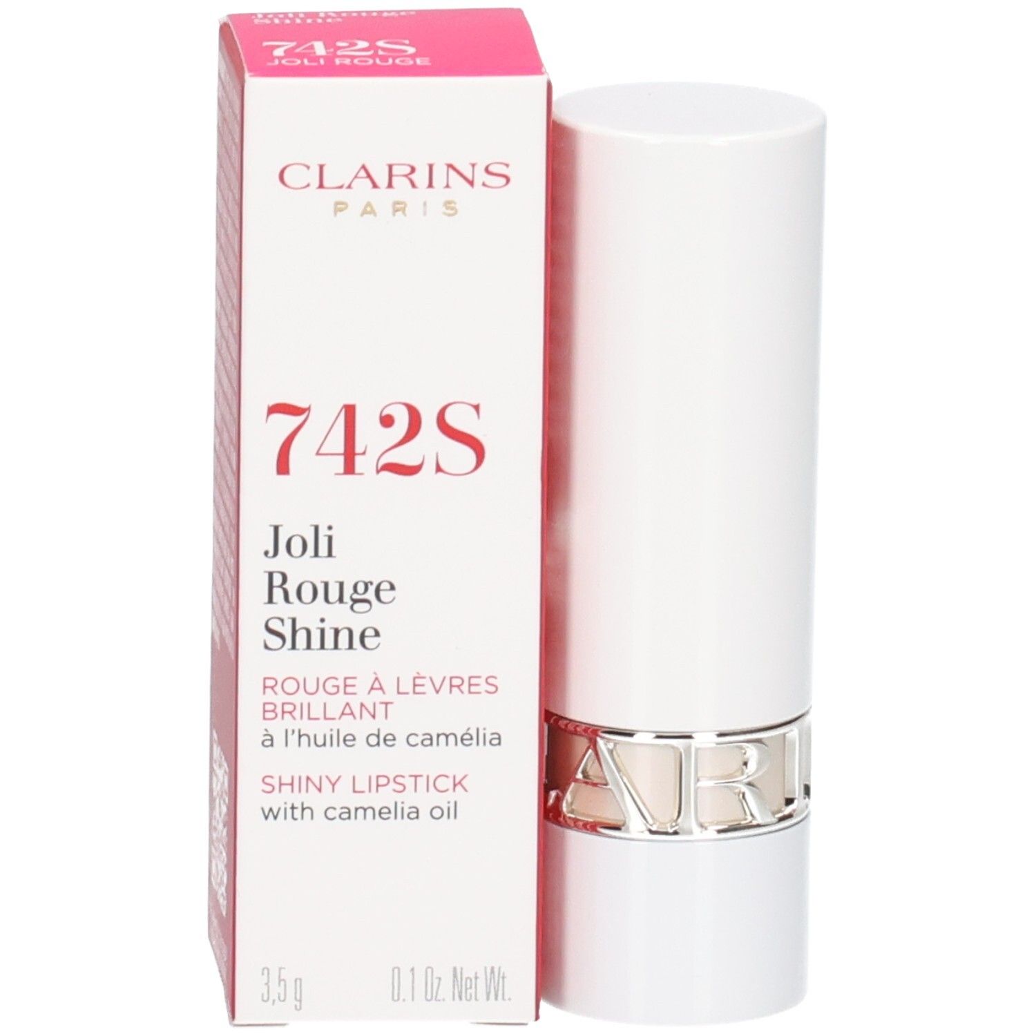 Rouge à lèvres Joli Rouge Shine 742S de Clarins dans un tube blanc avec anneau argenté, à côté de sa boîte.