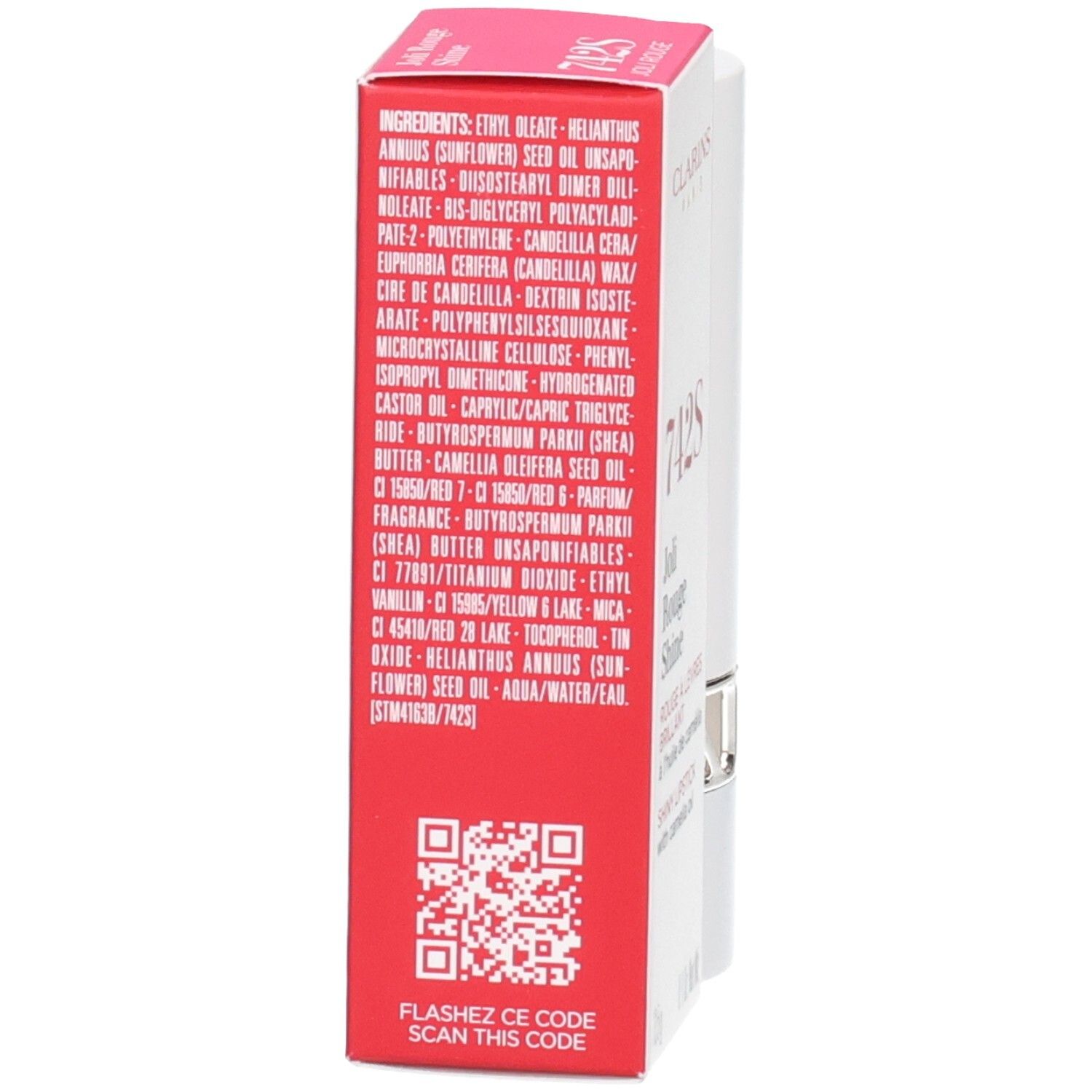 Arrière de la boîte du Rouge à lèvres Joli Rouge Shine 742S de Clarins avec ingrédients et code QR.