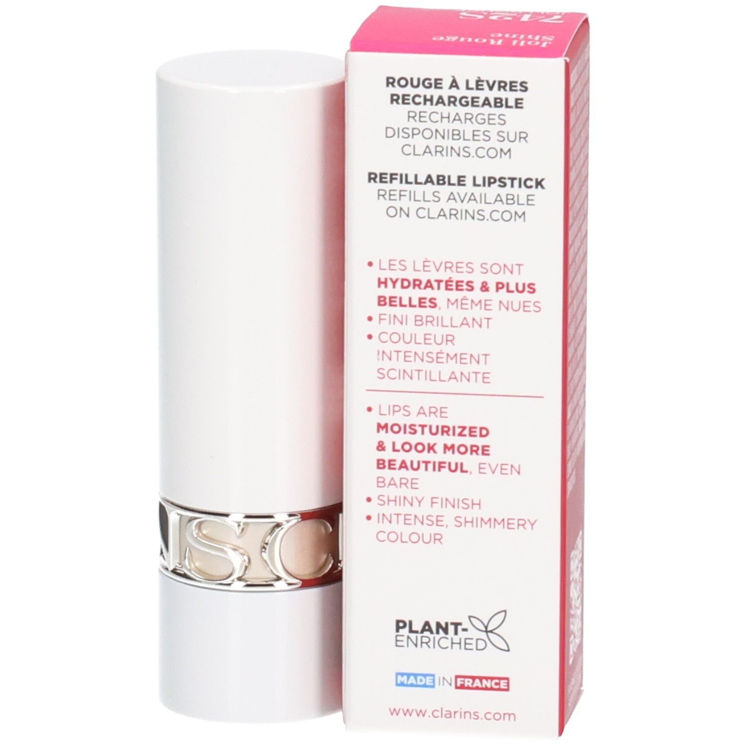 Rouge à lèvres Joli Rouge Shine 742S de Clarins dans un tube blanc avec anneau argenté, à côté de sa boîte.