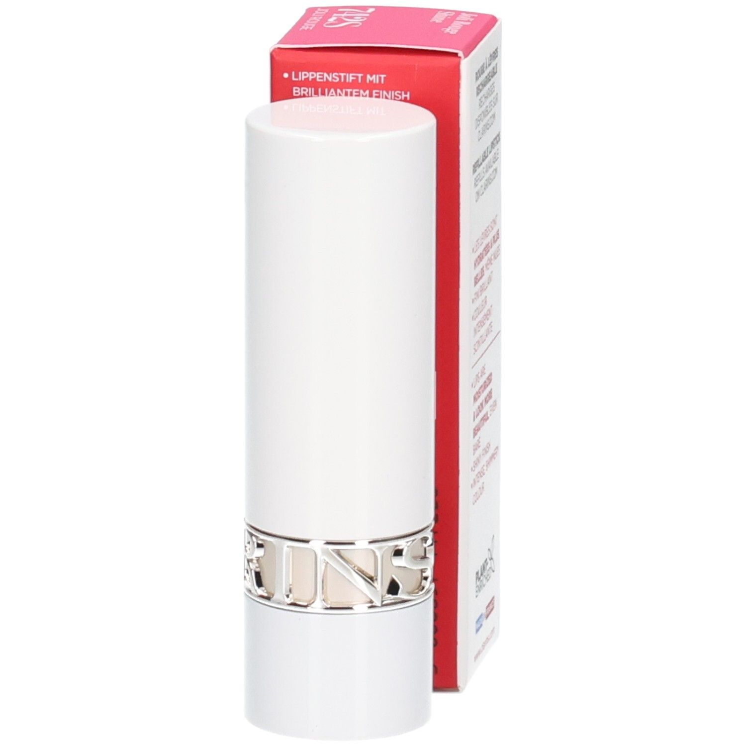 Rouge à lèvres Joli Rouge Shine 742S de Clarins dans un tube blanc avec anneau argenté, à côté de sa boîte.