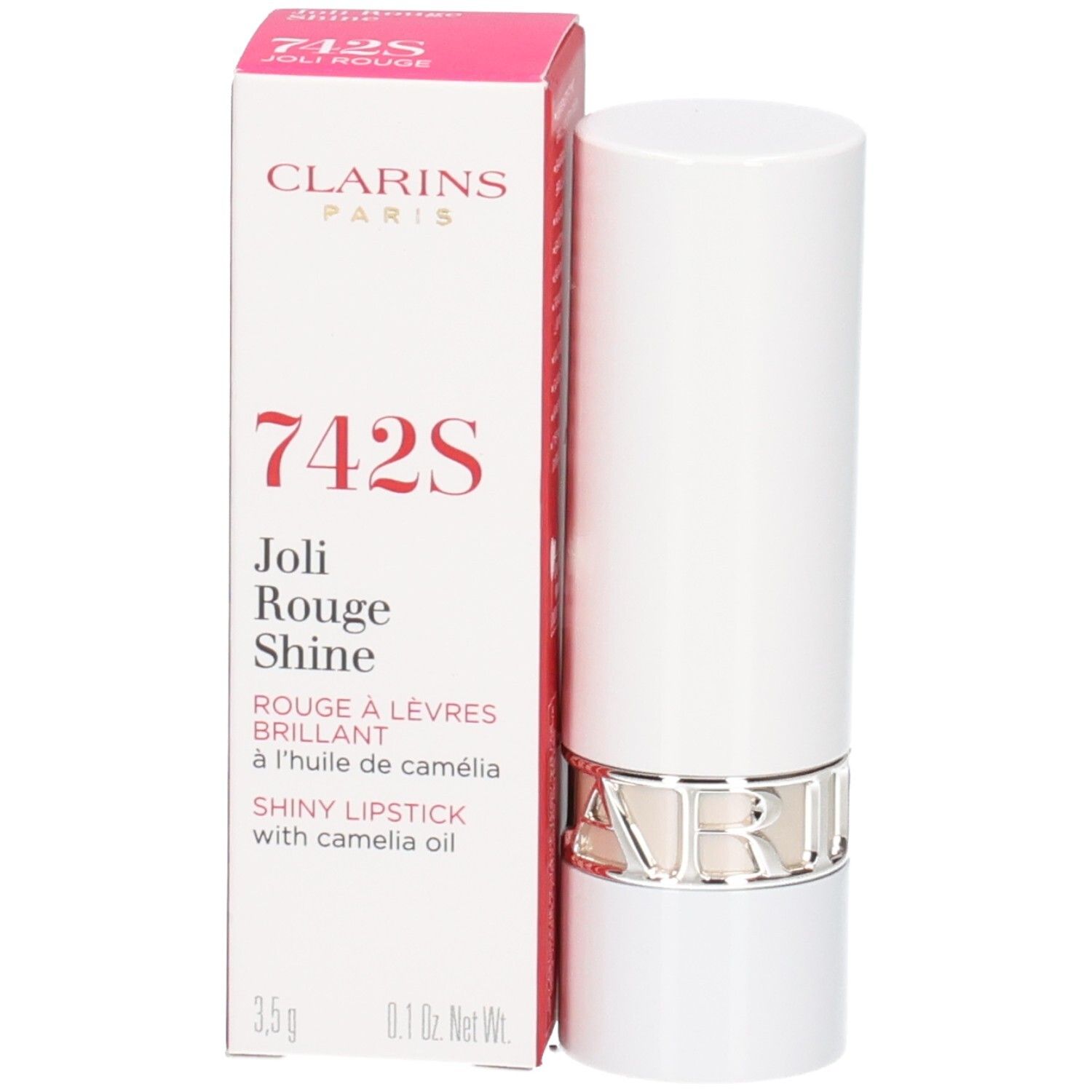 Rouge à lèvres Joli Rouge Shine 742S de Clarins dans un tube blanc avec anneau argenté, à côté de sa boîte.